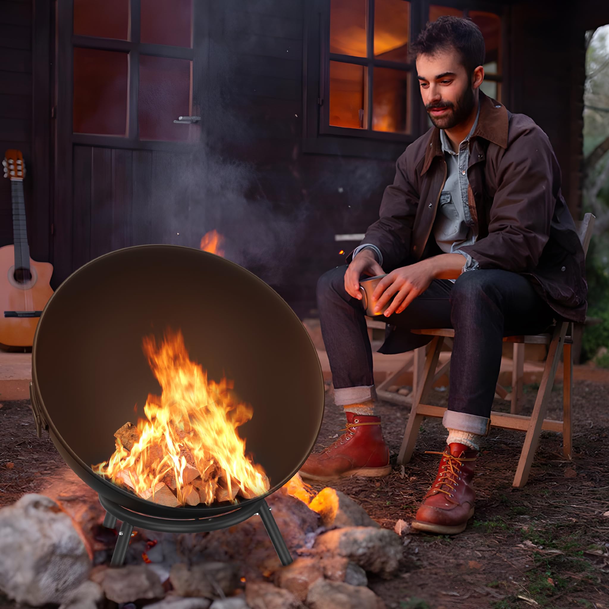 Feuerschale 62 cm Feuerschalen für den Garten, Terrasse & Balkon Feuerkorb Camping aus Stahl Feuerstelle Outdoor mit Dreibein Gestell Feuertonne Flexibel Einstellbarer für Lagerfeuer Schwarz