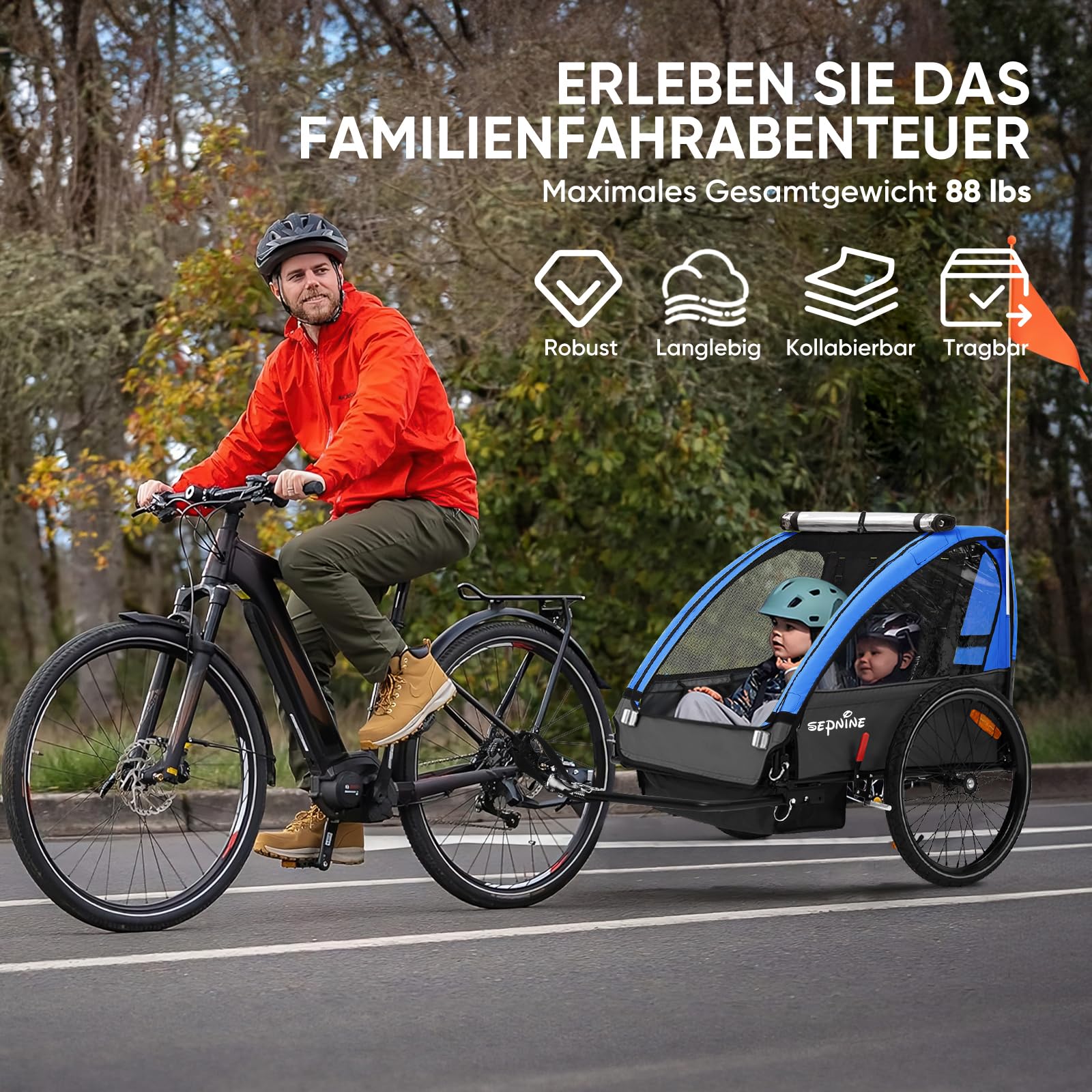 SEPNINE Kinderanhänger für Fahrrad, Fahrradanhänger für 1-2 Kinder, mit 5-Punkt-Sicherheitsgurt, Luftreifen, Handbremse, Faltbar, Max. 40 kg (Dunkelblau)