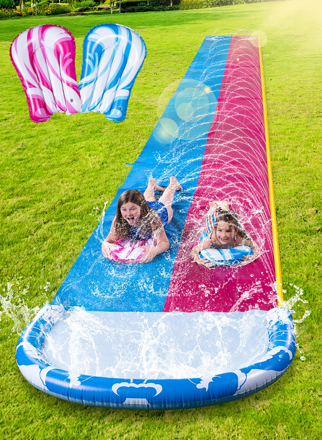 JOYIN 22.5ft Double Water Slide, Heavy Duty Lawn Water Slide with Sprinkler and 2 Slip Inflatable Boards for Summer Party Yard Lawn Outdoor Water Play Activities
