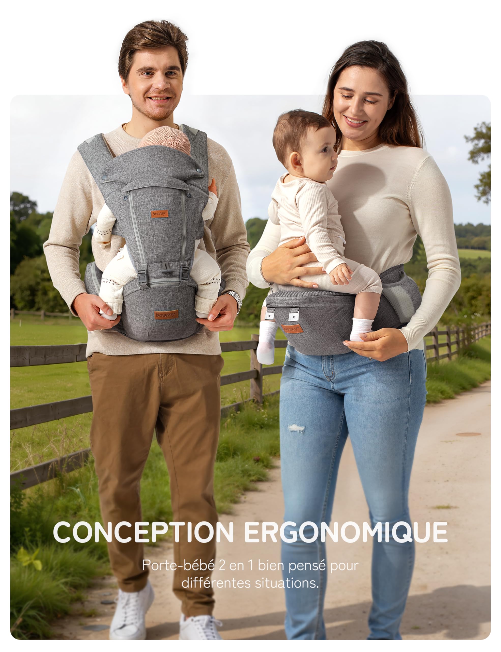 besrey Porte Bebe Physiologique, Porte Bébé avec Siège Hanche | Porte Bebe Hanche 4-36 Mois, 6 Positions, Soutien Lombaire