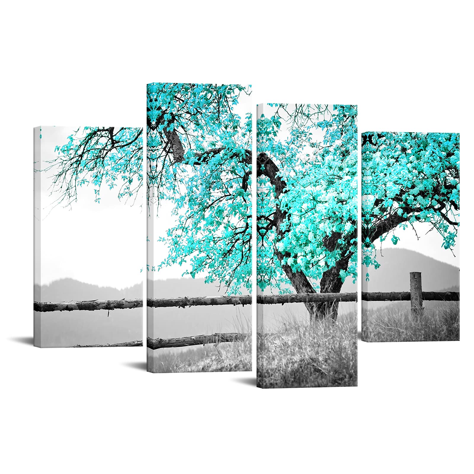LevvArts 4 Panel Wall Art Black and White Teal Green Tree Picture Canvas Prints Nature Landscape Painting Art for Living Room Wall Decor Gallery Wrap Ready to Hang