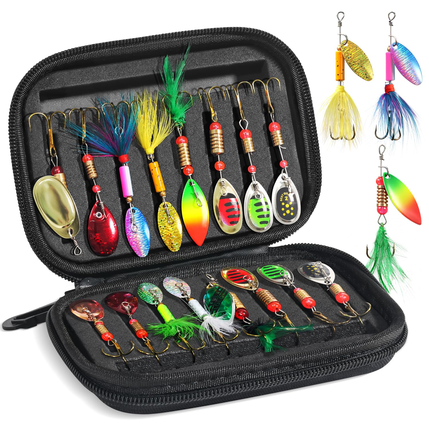Fishing Lures Inline Spinner Baits, 16pcs Rooster Tail Fishing Lures, Trout Bass Salmon Lures with Treble Ultra-Sharp Hooks, Fishing Gear Spinnerbait Spoons for Freshwater & Saltwater