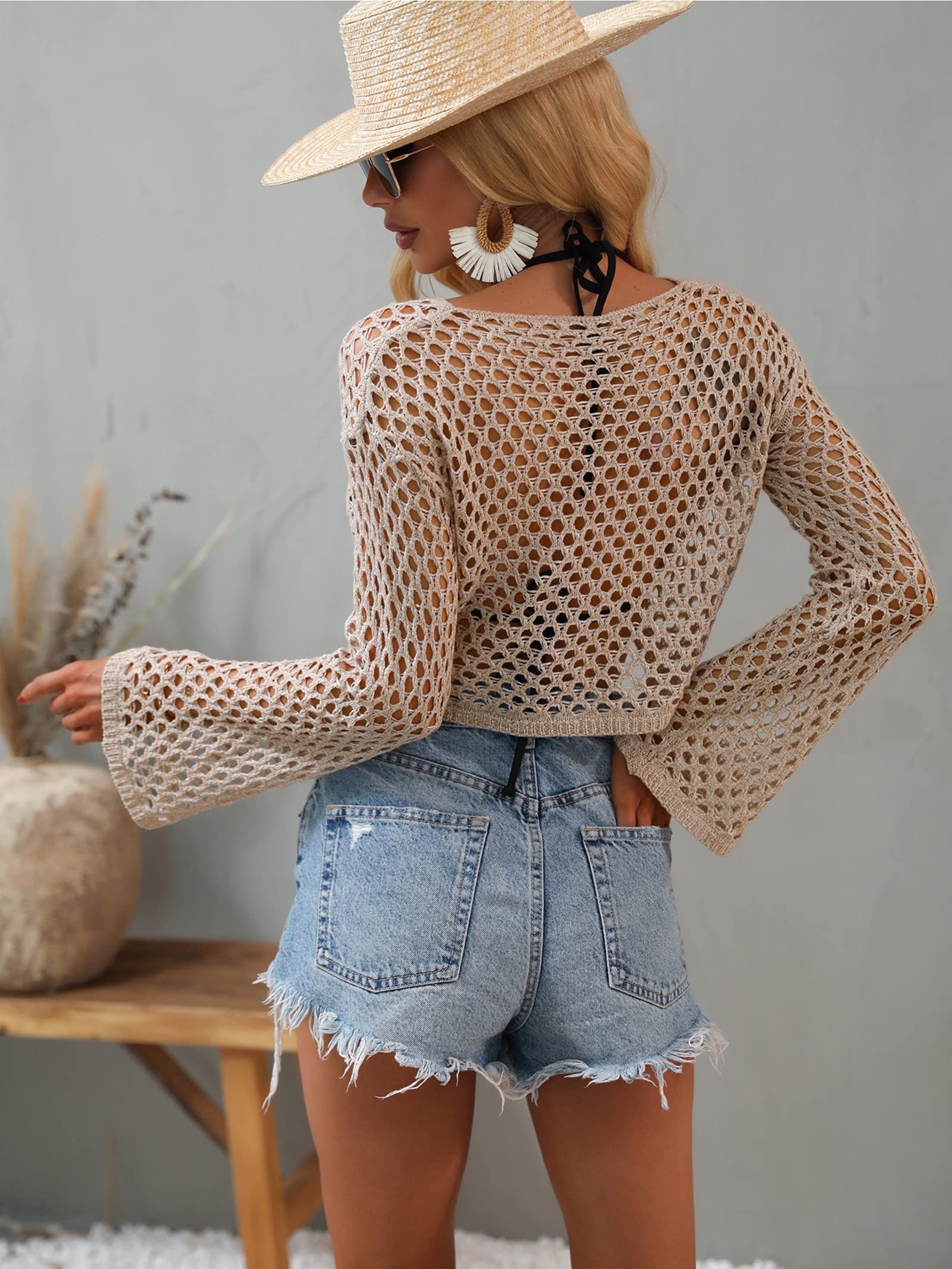 Amazon.com: Women Long Trumpet Sleeve Knit Top Hollow Out Crochet