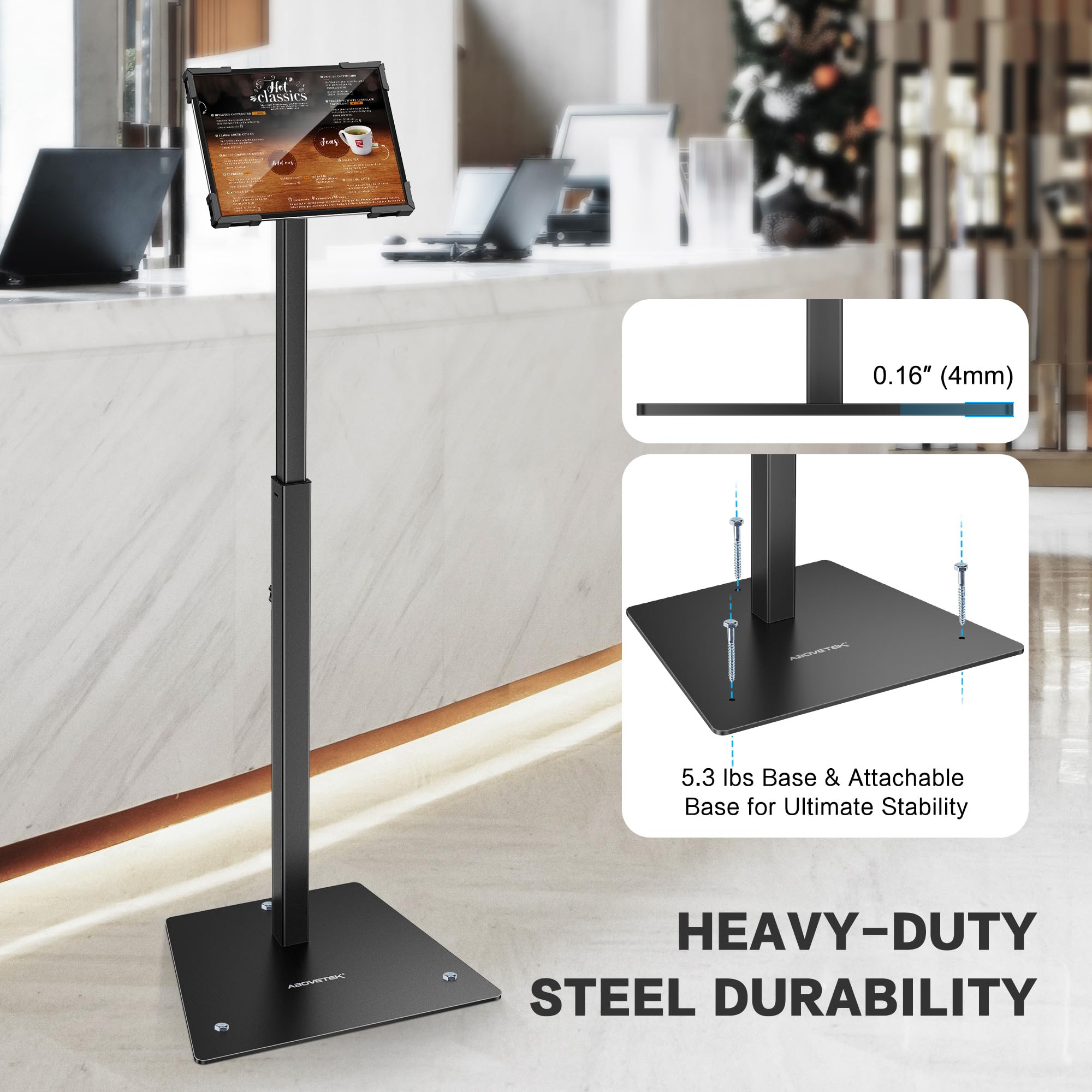 AboveTEK Soporte de Suelo antirrobo para iPad, quiosco POS con Cerradura, Altura Ajustable, rotación 360°, Base y gestión de Cables Ocultas, Compatible con 9,7-13 Pulgadas iPads/iPad Pro/Air(Negro)