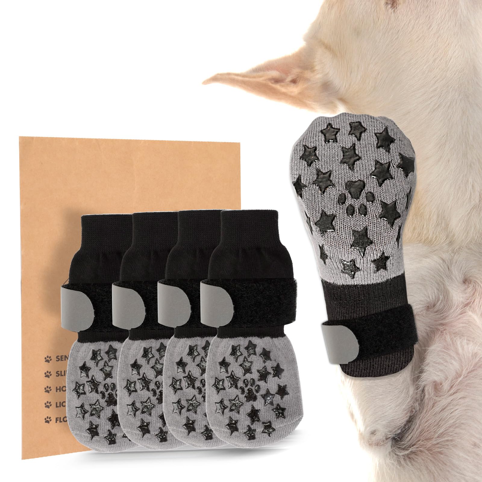 VINATO Calzini per Cani Antiscivolo - Set di 4 Protezioni per Zampe per Taglie Medie, Grandi e Anziani - con Bande Riflettenti Regolabili - Ideale per Interni ed Esterni, Taglia L