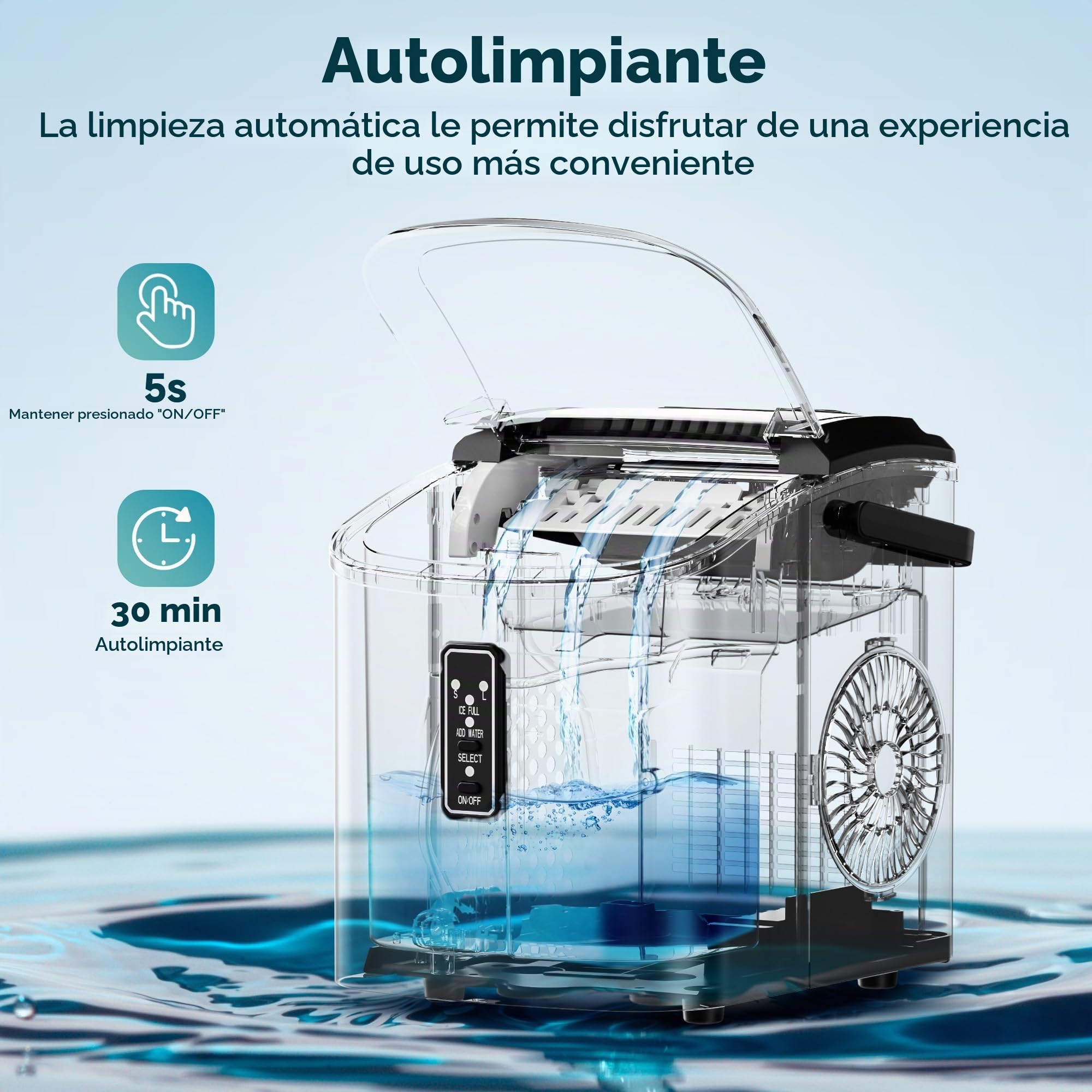 EUHOMY Máquina pequeña para hacer hielo, lista en 6 minutos, produce 9 cubos, 12 kg/día, autolimpiante, máquina de hielo portátil con asa, cesta y cuchara, 2 tamaños de cubitos de hielo para el hogar