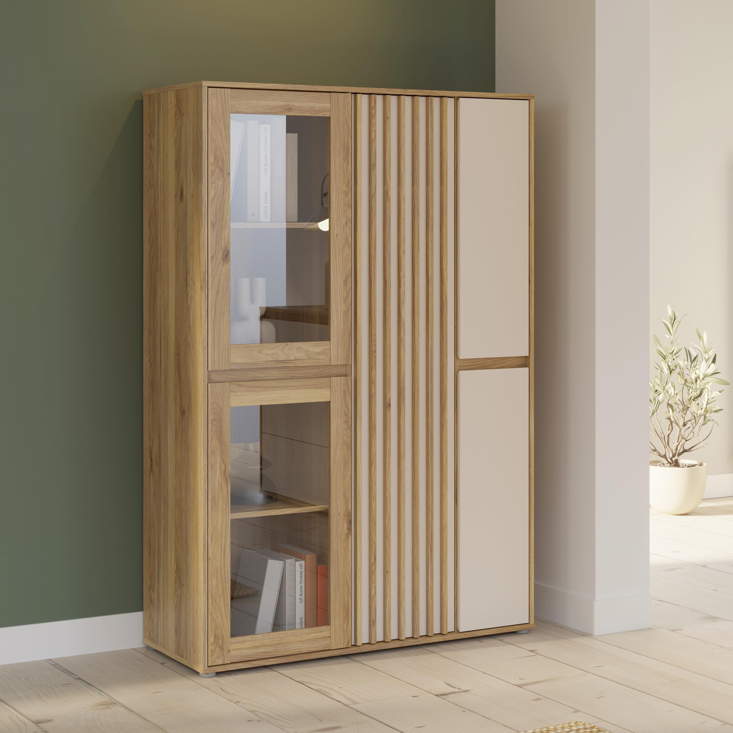 Forte ELISTON Vitrine 100 110, moderner Schrank mit Lamellendesign, 5-türig, Wohn-/Schlafzimmer, Mauvella Eiche Holzdekor|Kashmir Beige, 109,3 cm breit x 161,7 cm hoch x 41,5 cm tief