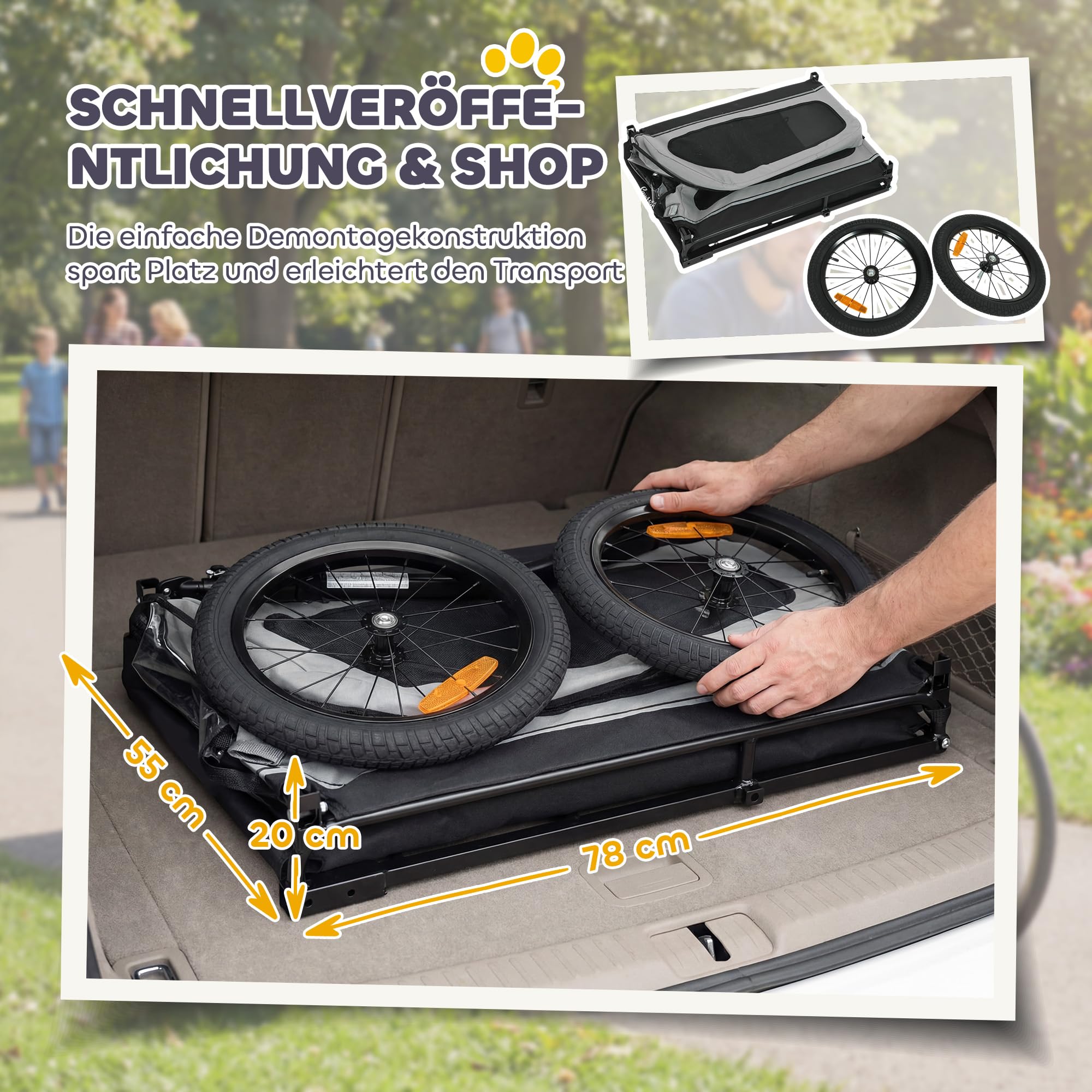 PawHut Fahrradanhänger für Hunde Faltbar Hundeanhänger für Kleine und Mittelgroße Hunde bis 20kg Hundefahrradanhänger mit herunterklappbare Rampe Reflektoren Leine Flagge 138 x 69 x 70 cm Grau