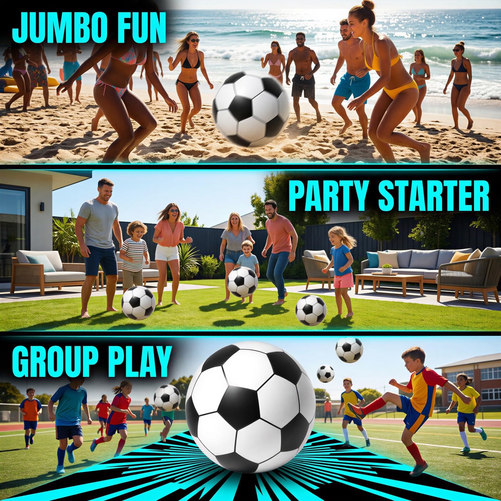 2 STK. aufblasbare Fußbälle, 40 Zoll Jumbo-Strand-PVC-Ball, übergroß für Party, Schule, Kindergarten und Sport, leicht aufzublasen, für Strand, Pool, Garten und Familienspiele