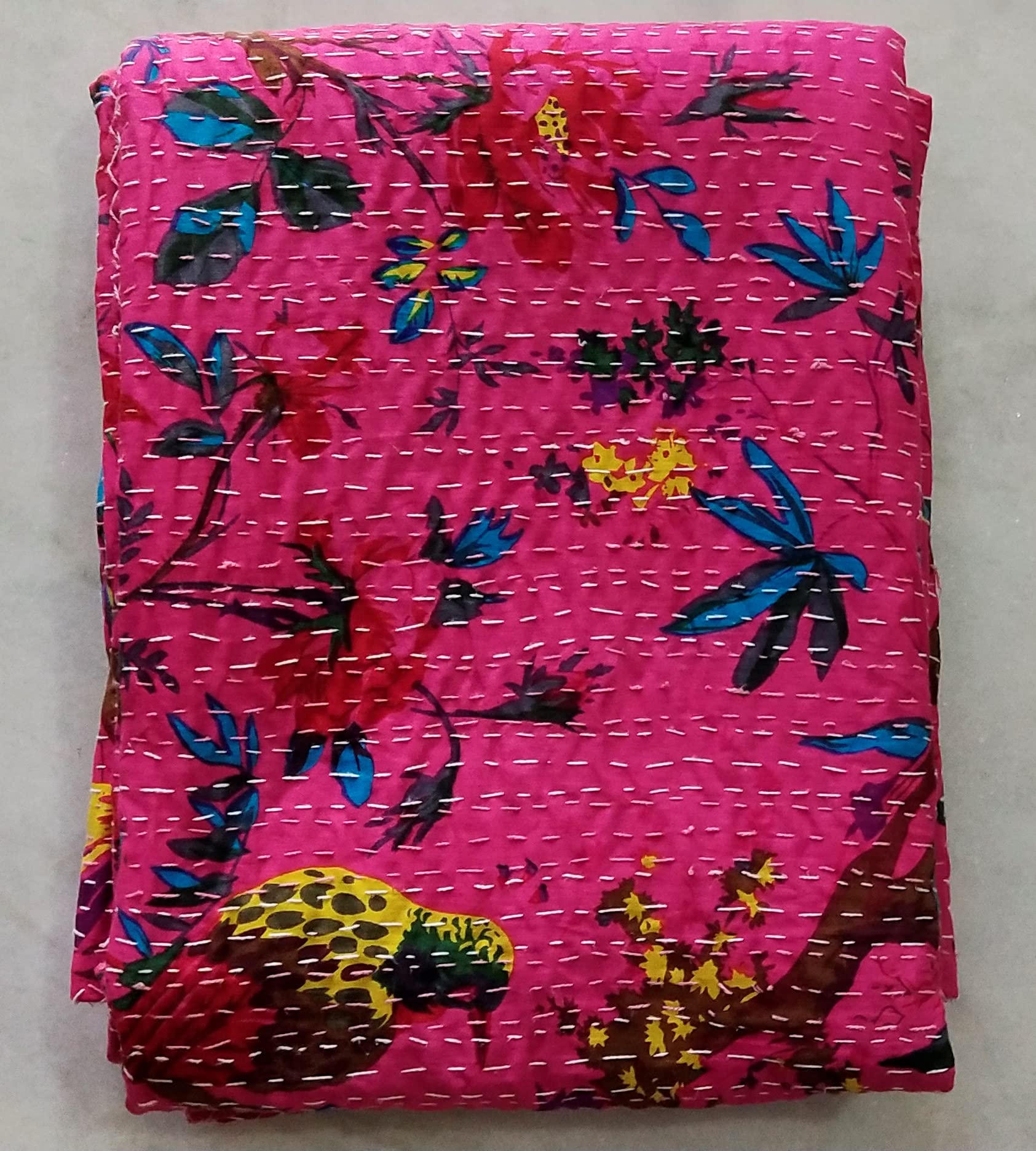 Handmade Indian Kantha Quilt Queen Size | Sky Blue Bird Print, Reversible Cotton Bedspread, 108x90 Inches, Tribal Design