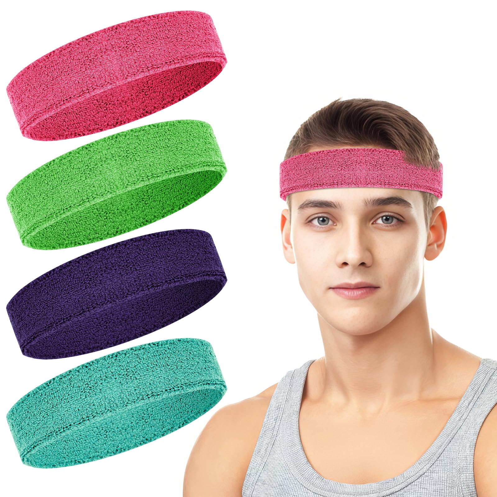 4 Pack Cotton Terry Sweat Headbands for Men Women Running Gym