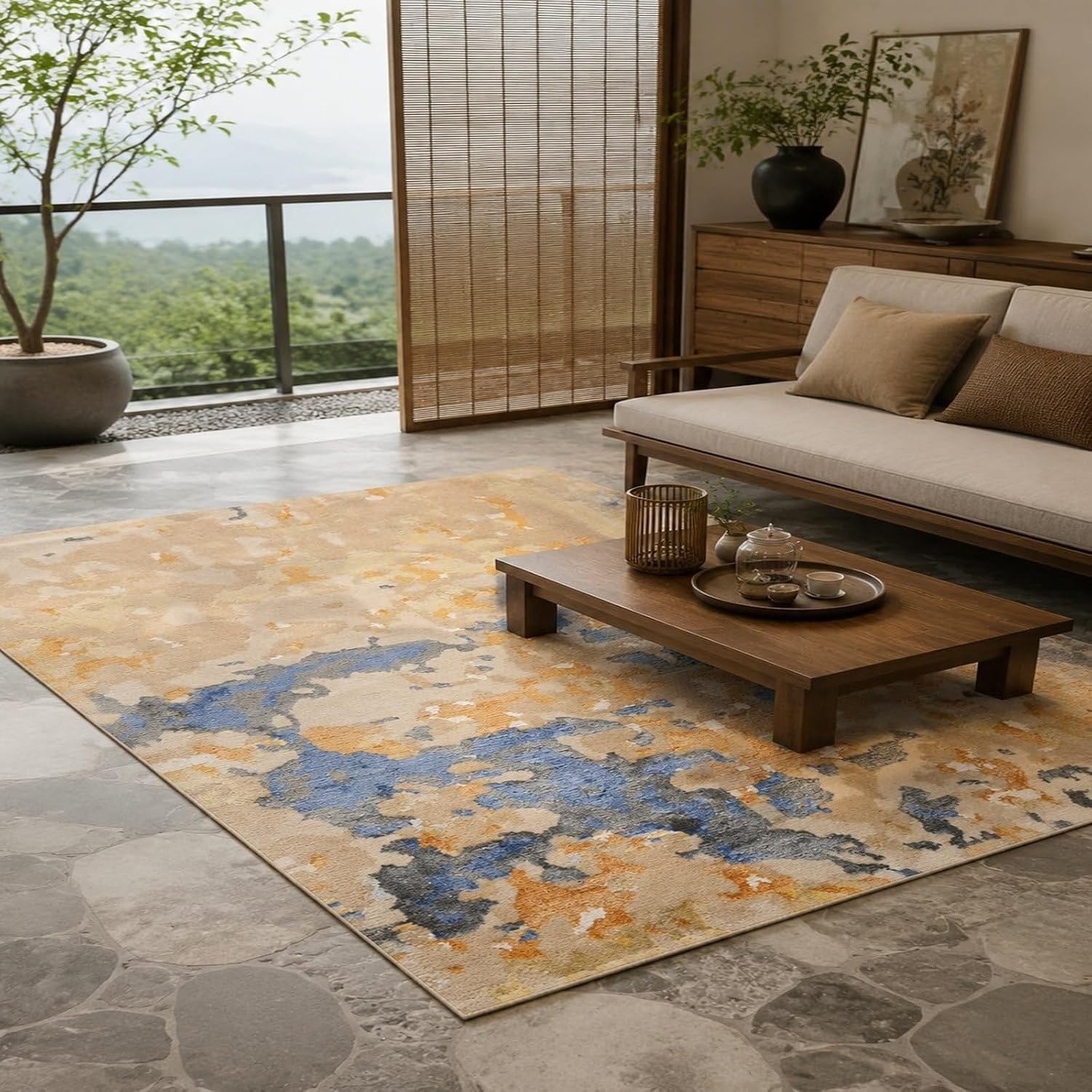Tapis Lavable Salon Abstrait Beige Bleu Orange, Beige, 200x200 cm (Carré)