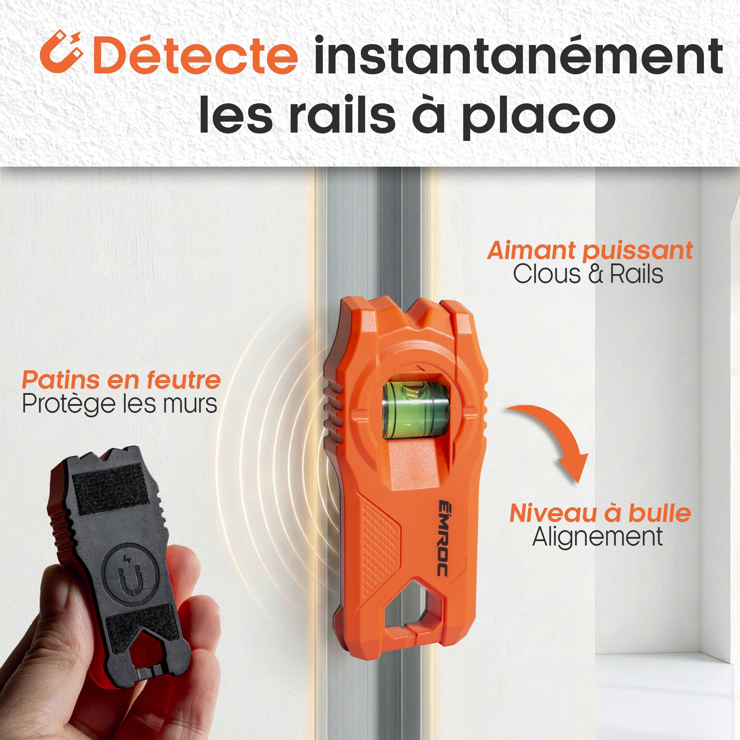Aimant Placo sans Pile EMR-M11 - Détecteur Montant BA13 Néodyme | Aimant puissant | Niveau à bulle | Rails montants métalliques | Marque française | Plaquiste électricien plombier