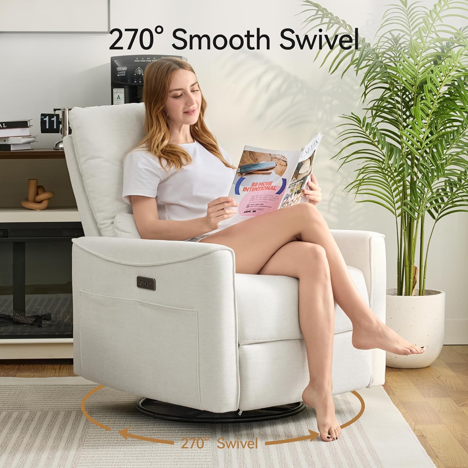 Power Swivel Rocker Recliner,Fabric Glider Recliner Nursery Chair,Small Rocking Chair,Single Reclining Sofa with Lumbar Support,USB&Type-C Ports,Living Room Home Threater Seat, Ivory White