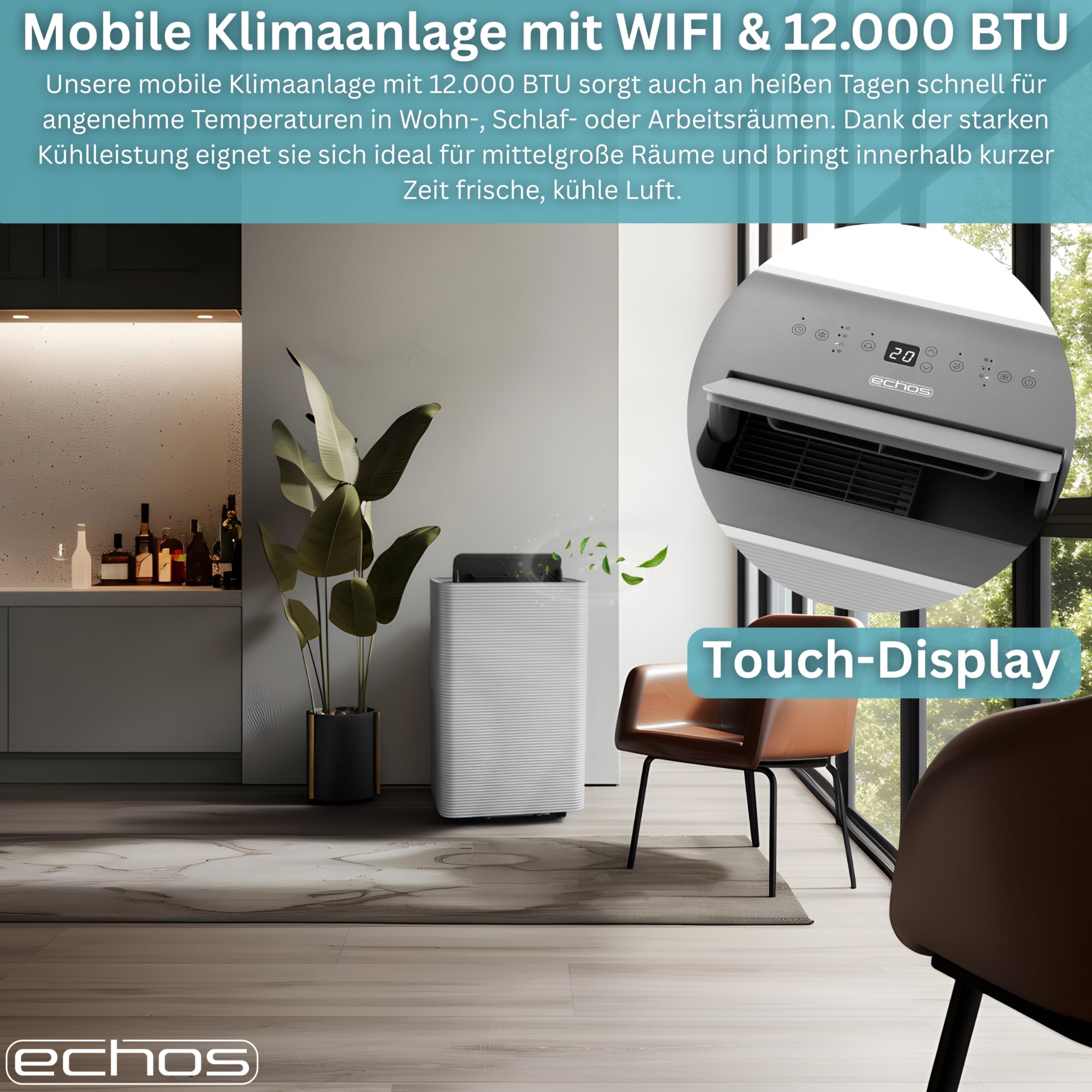 Echos® Mobile Klimaanlage 12.000 BTU mit Abluftschlauch WiFi & Fensterabdichtung Mobiles Klimagerät Leise ≤56dB App/WLAN Steuerung Fernbedienung 24h Timer 3in1 Luftkühler, Luftentfeuchter & Ventilator - 3