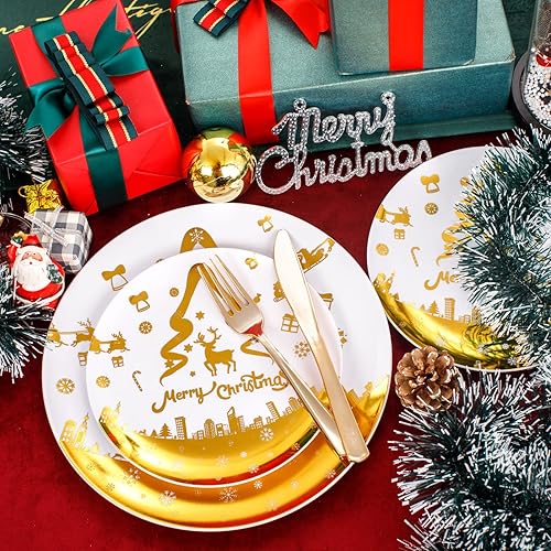 Miniatura 3 de DaYammi 60PCS Christmas Plastic Plates Gold Disposable Plates Christmas Party Plates With Christmas Tree Bell Deer Snowflake White and Gold Plastic
