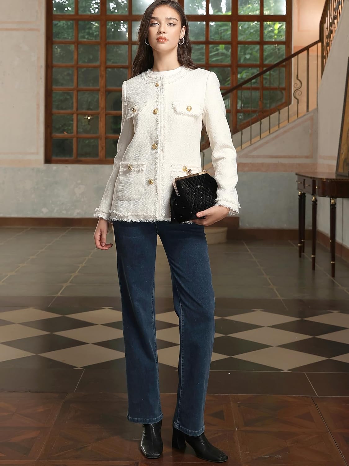 M.Infisavo Women’s Tweed Blazer Jackets with Pockets, Long Sleeve Open Front Crewneck Collarless Elegant Casual Cardigan - Image 5