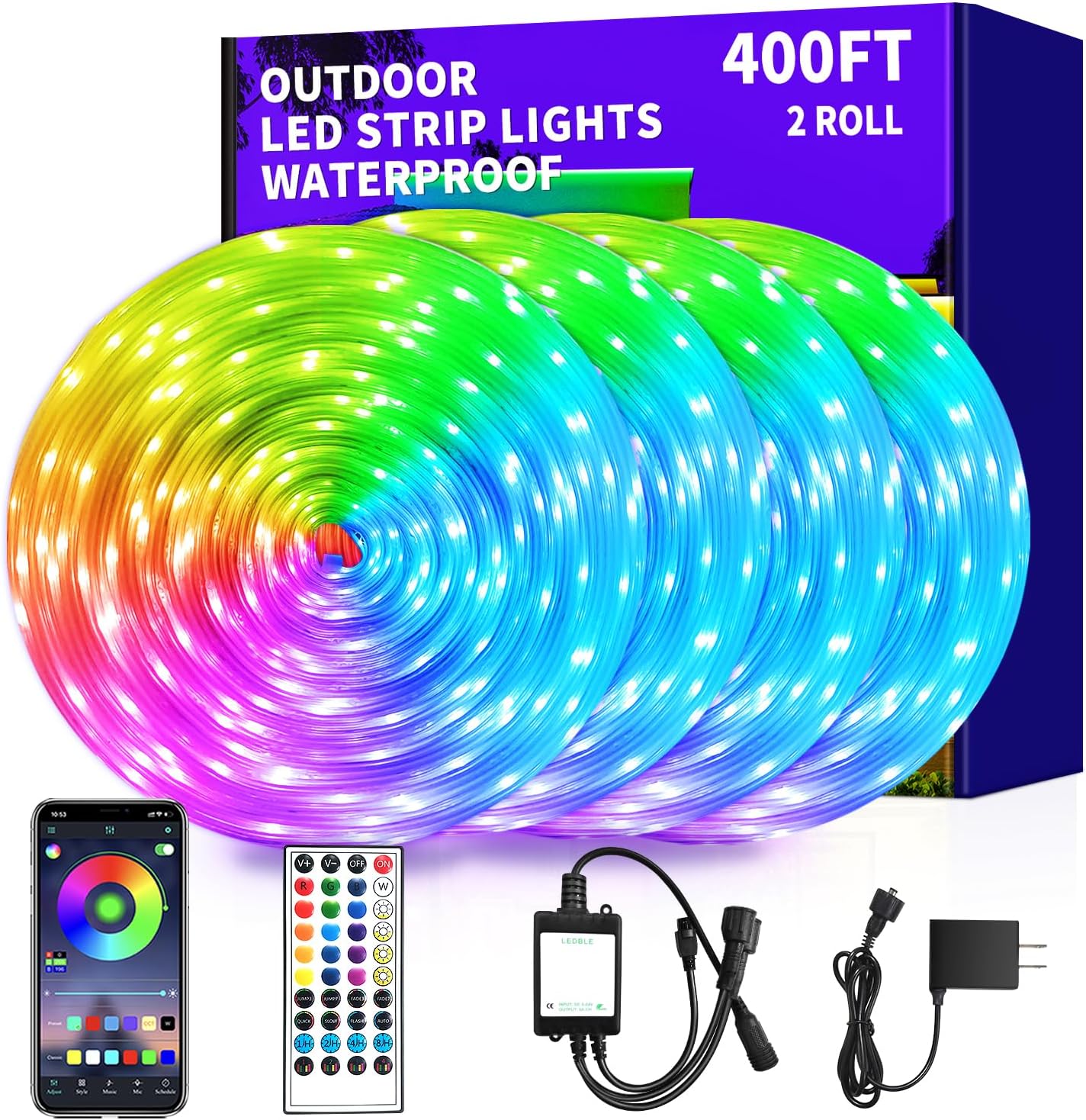 400ft Outdoor LED Strip Lights,IP68 Outside Led Light Strips Waterproof with APP/Remote Control,Music Sync RGB Exterior Led Rope Lights for Bedroom Garden Staircase Parties（2 Rolls of 200ft）