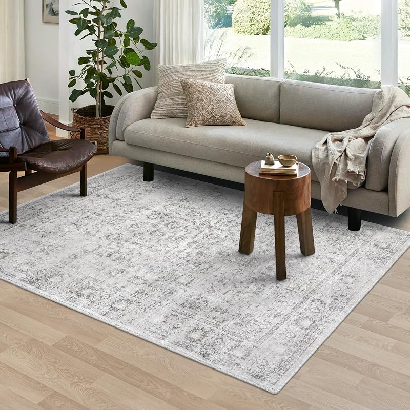 LIVEBOX Alfombra lavable de 5 x 7 grande, estilo bohemio, para sala de estar, color gris vintage, para dormitorio, alfombra retro ligera, con acento floral, para cuarto de bebé, zona de alto tráfico