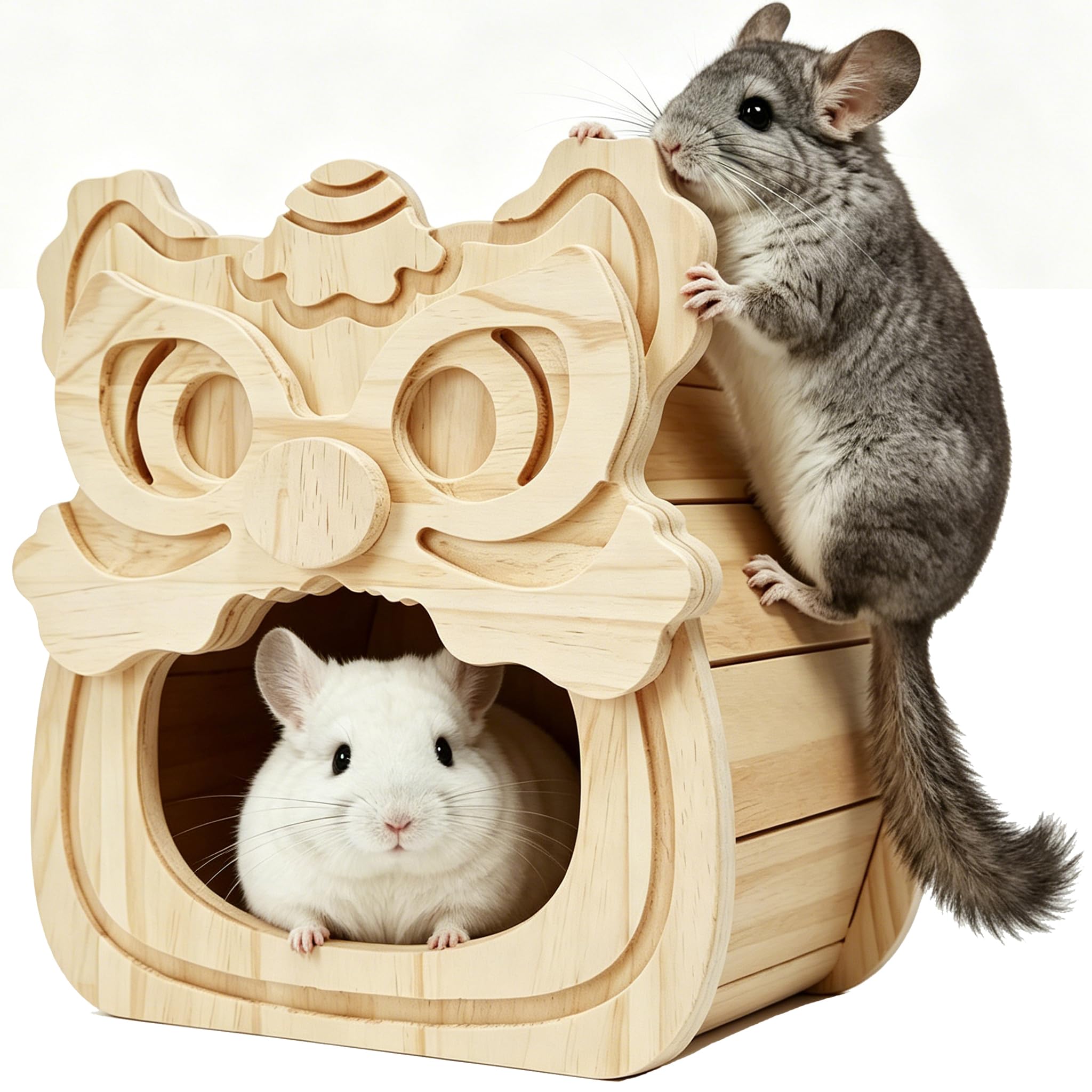Nascondiglio in legno per porcellini d'India, casetta in legno naturale per cincillà, accessori per criceti, scoiattoli, alianti per zucchero, ecc. a forma di leone