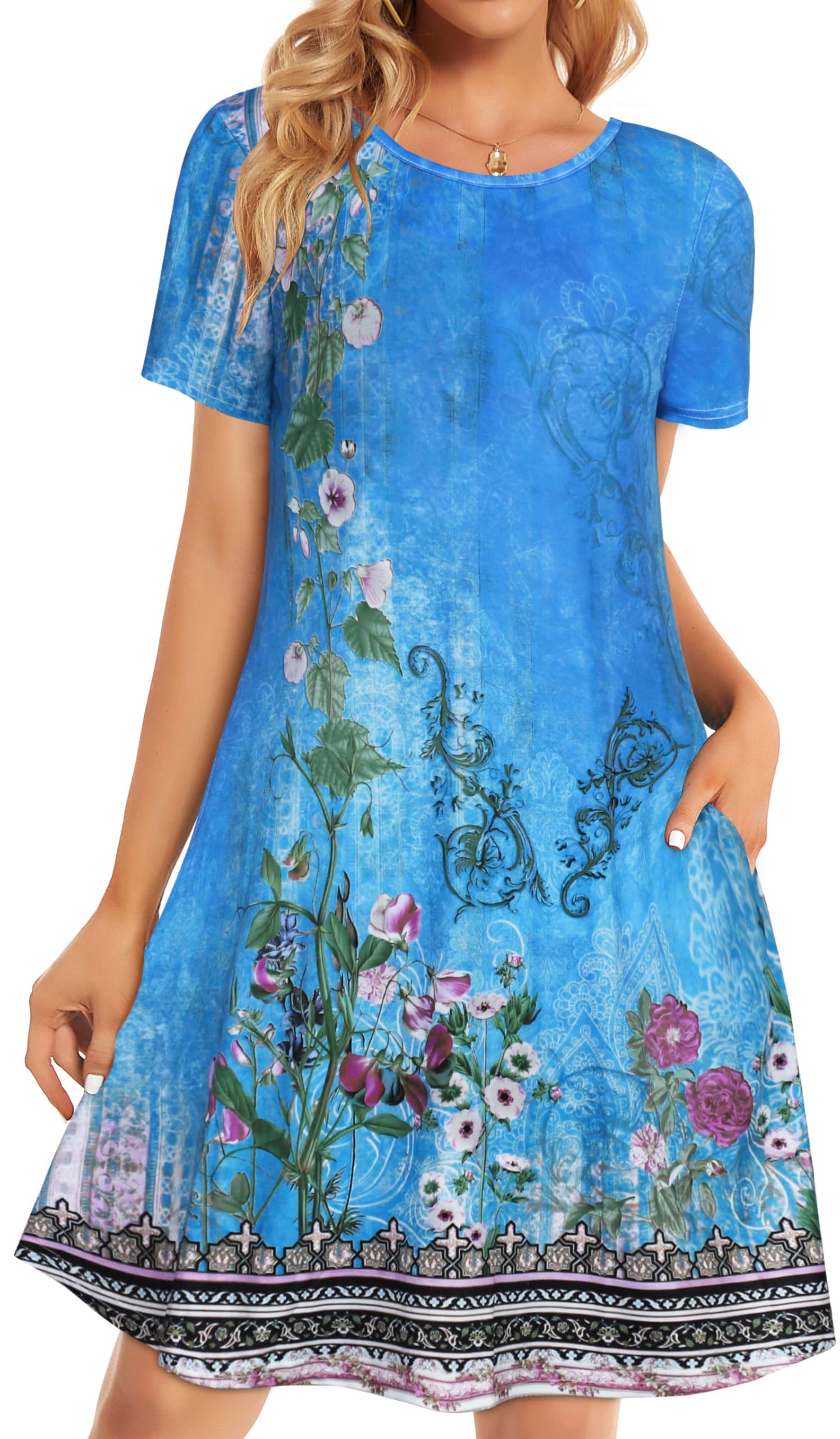 elescat Womens Summer Dresses Casual Loose Tshirt Floral Pockets Sundress | 2026 Boho Flowy Short Sleeve Dress, Two Hidden Pockets, Loose Beach Cover Up, Solid or Floral, Fashion Vacation Outfits