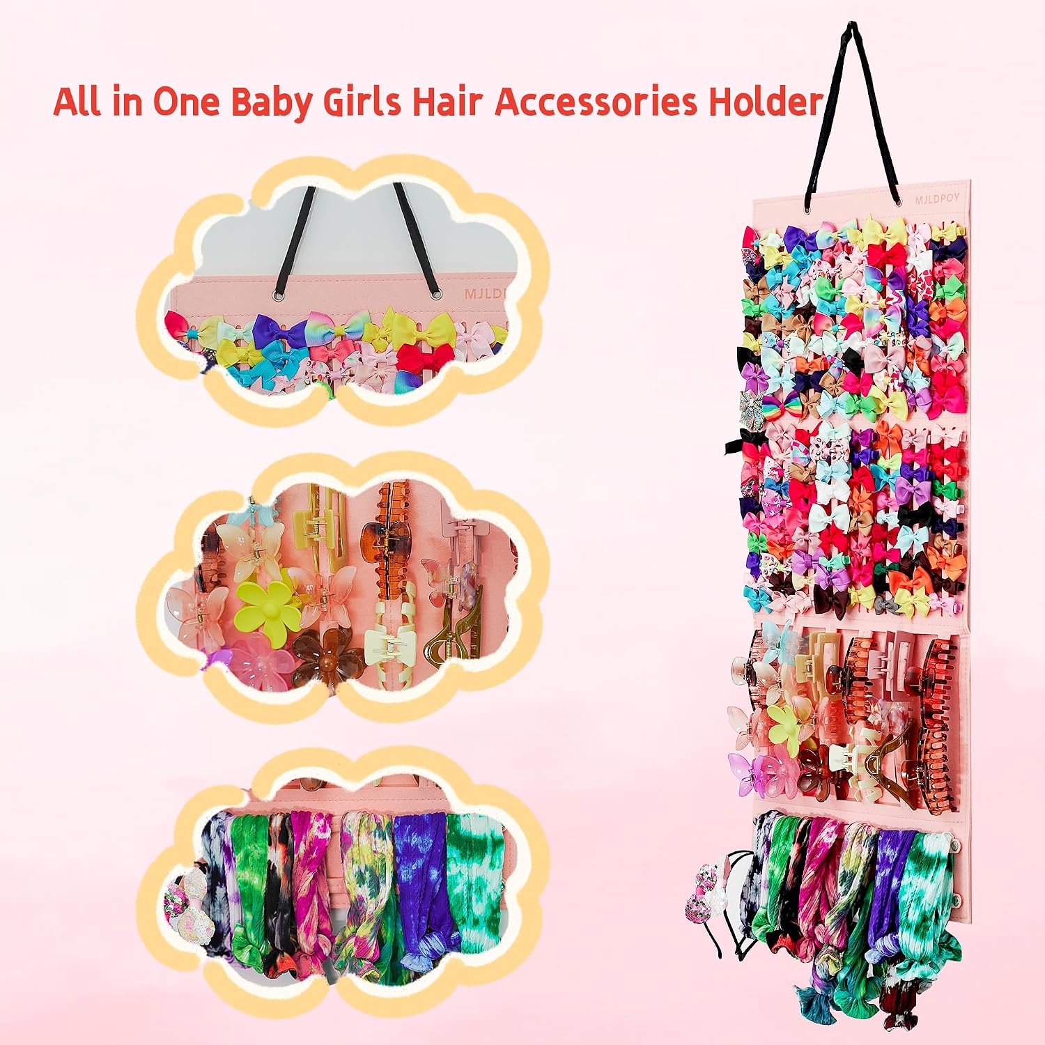 Hair Bow Organizer for Girls, Baby Hair Clips Holder Wall Hanging, Large Felt Bow Storage Display for Girls Hair Bows & Claw Clips, Ribbons, Headbands – Nursery Room Decor (Pink)