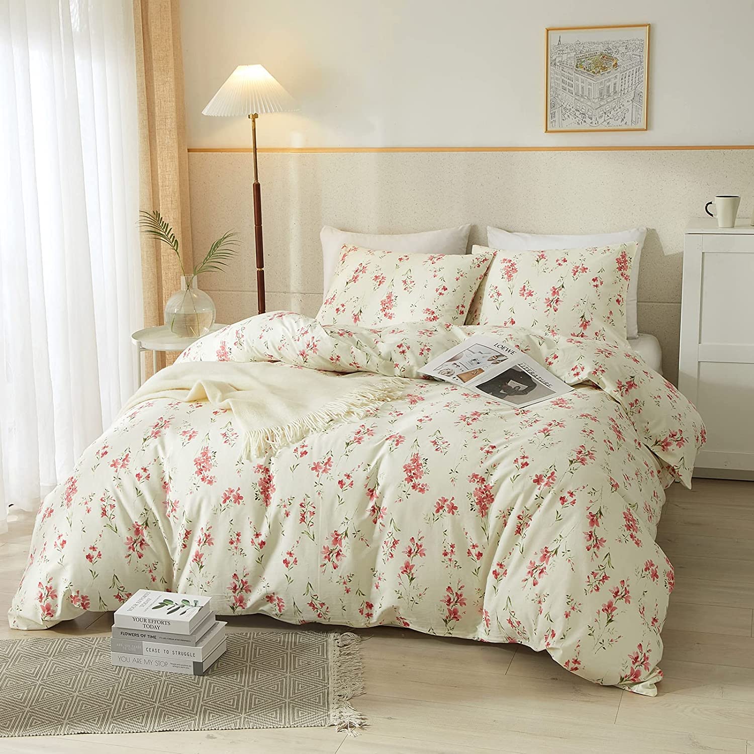 AMWAN Garden Style Pink Floral Duvet Cover King Chic Shabby White Pink Floral Bedding Sets 100% Cotton Botanical Comforter Cover Aesthetic Boho Bedding Collection King Duvet Cover Set - Image 2