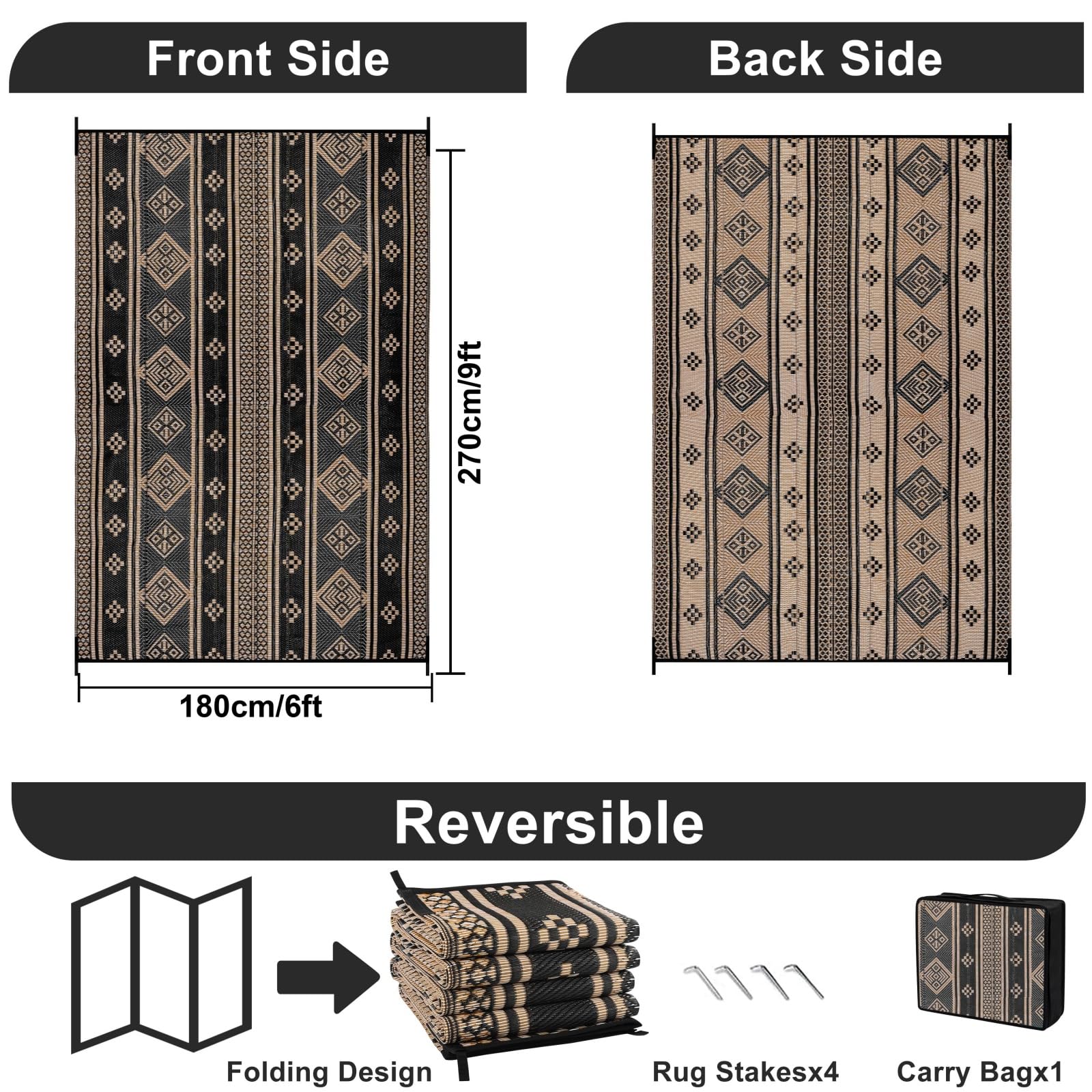 SHACOS Tapis extérieur réversible imperméable, résistant UV, pliable, balcon, terrasse, camping, plage, 180x270 cm, noir