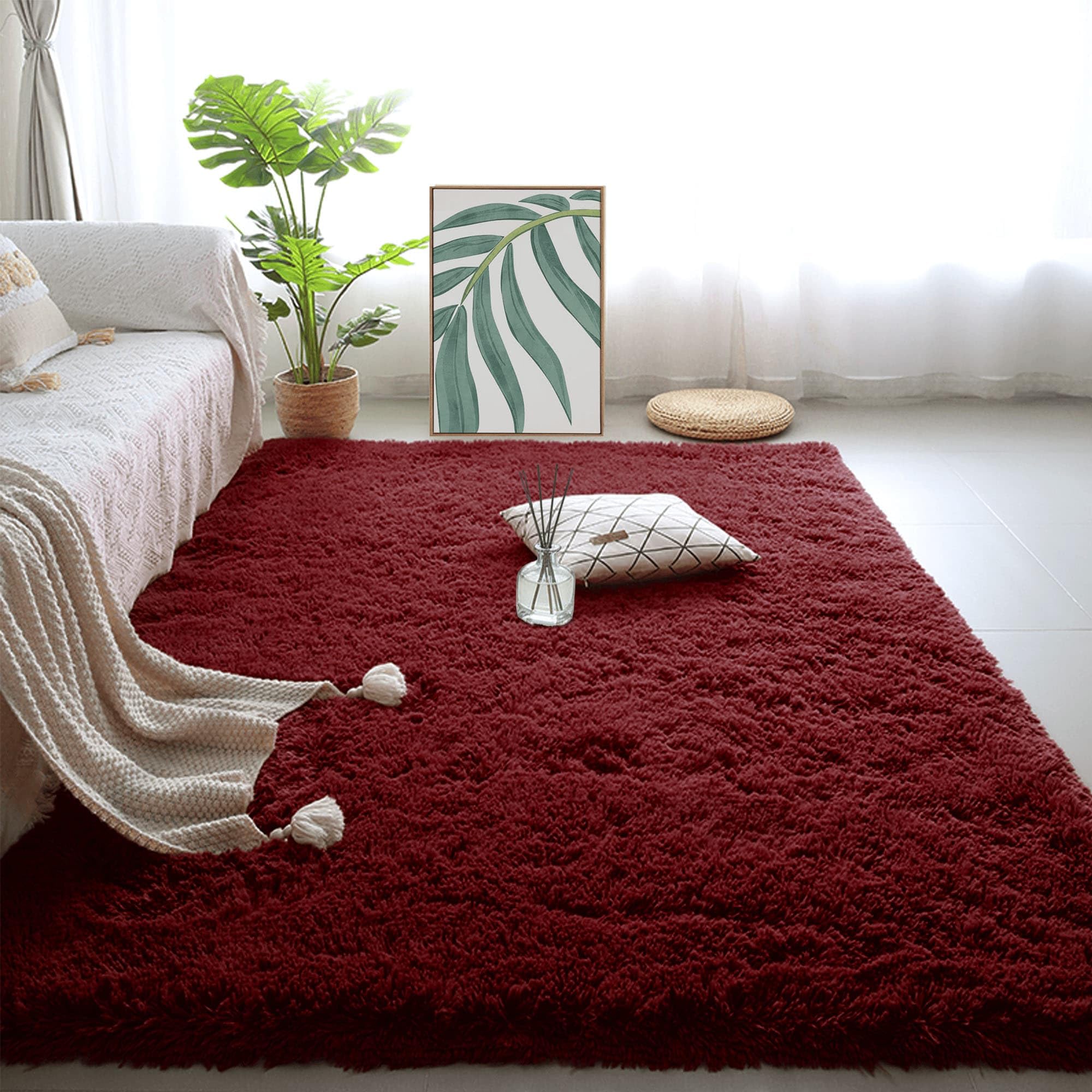 Tapis chambre shaggy vin rouge antidérapant pour un confort sécurisé