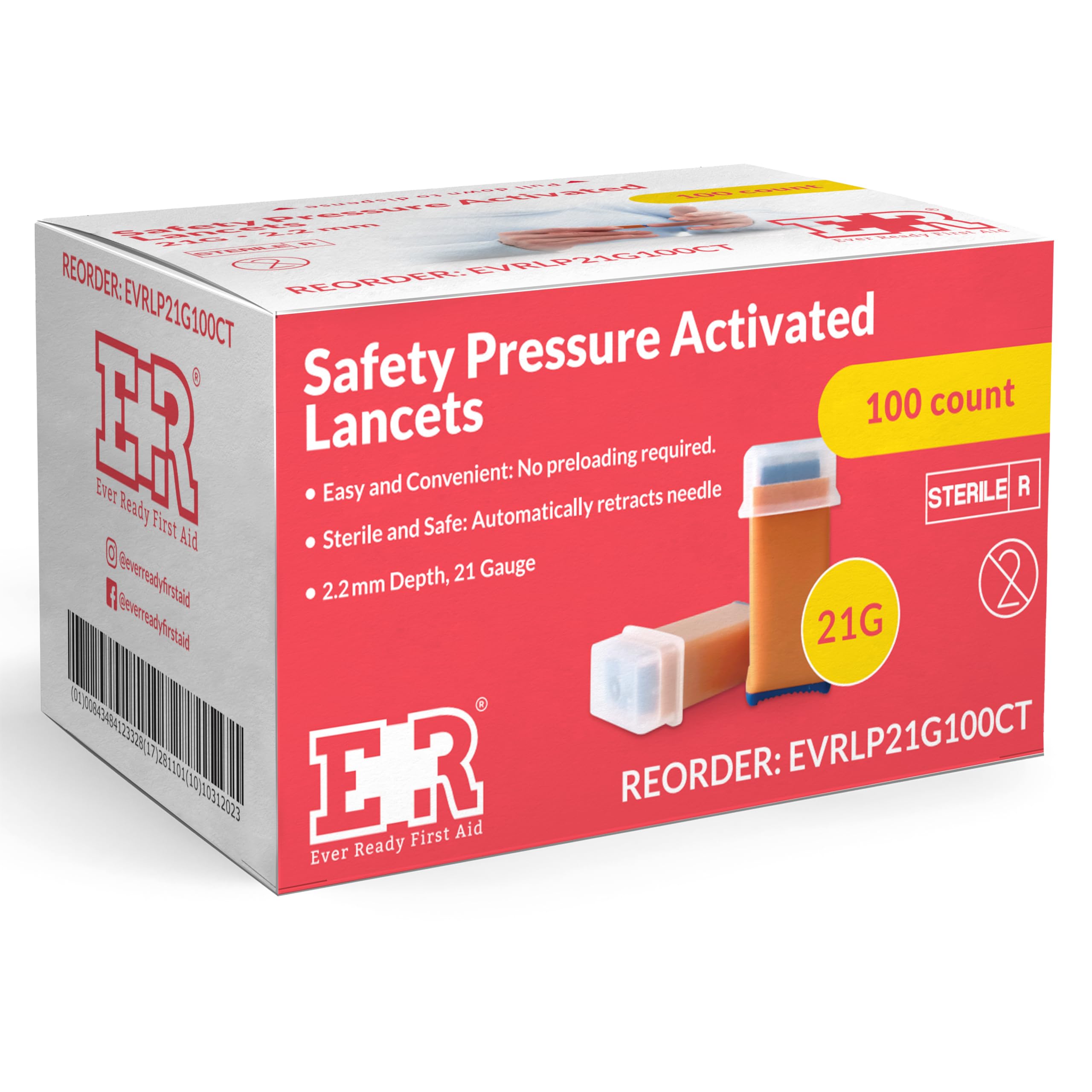 Ever Ready First Aid Safety Pressure Activated Lancets, Sterile Push Lancets – 2.2mm 21 Gauge for Blood Sugar Testing - 100 Count