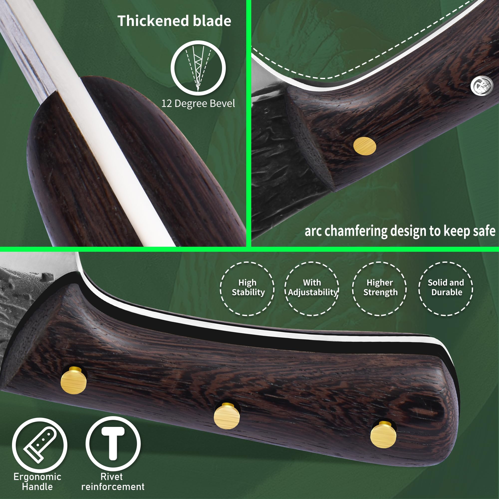 FULLHI Manico in legno Mannaia per carne pesante con fodero 2 pezzi, affettatrice in acciaio ad alto tenore di carbonio per la casa, il campeggio e il barbecue (Marrone, 17cm)