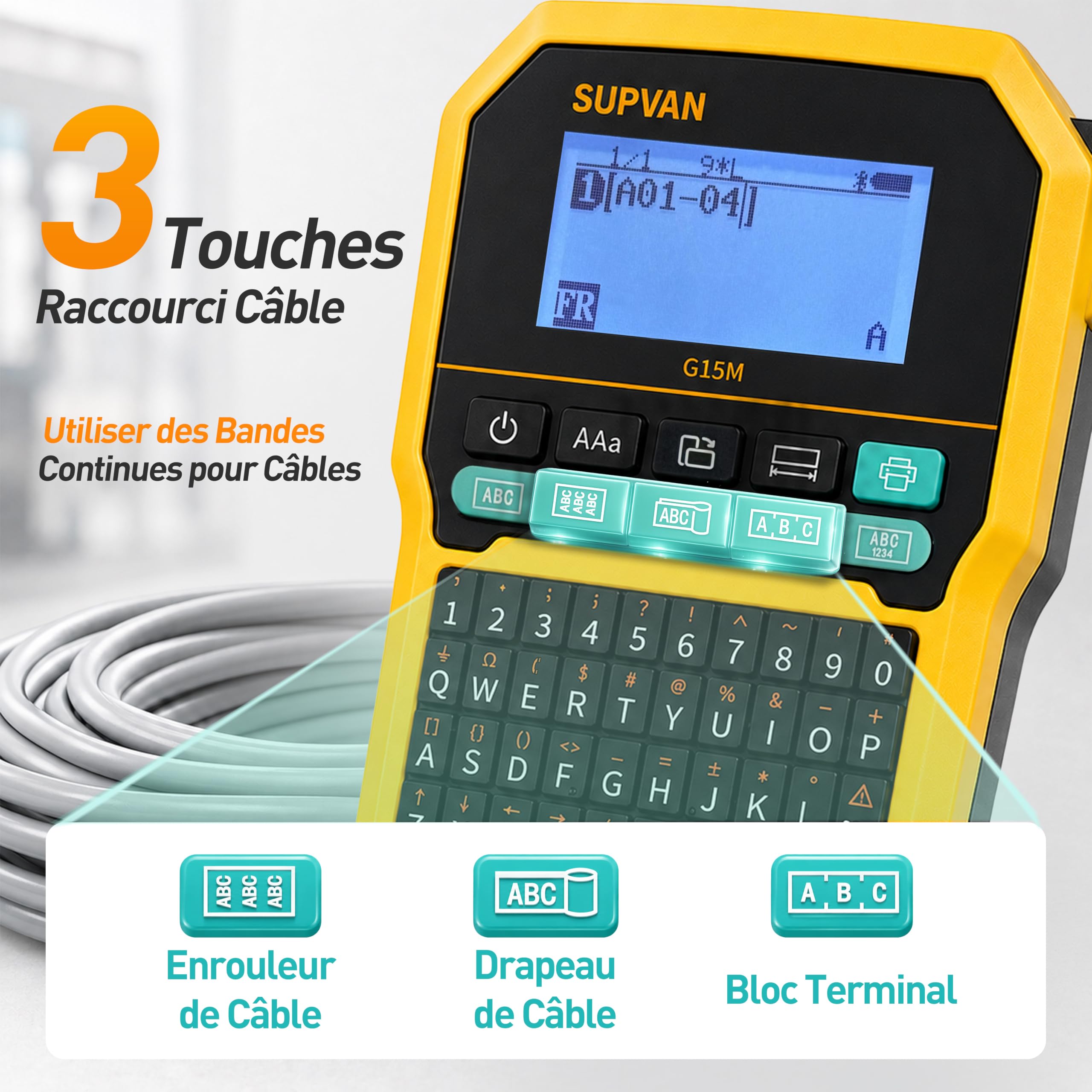 SUPVAN G15M Étiqueteuse Clavier & Bluetooth avec Tube Thermorétractable | Thermorétractable & Multi-Étiquettes, Rechargeable, Marge Réduite,3 Clés Câbles,LCD Rétroéclairé,Thermique,Industrie & Bureau