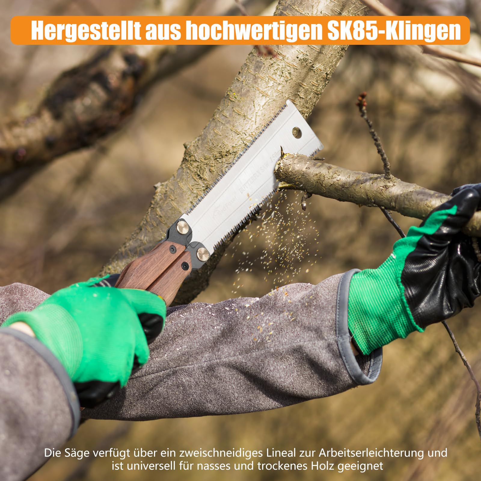 Japansäge Doppelseitige Faltung Handsäge SK85 Werkzeugstahlmaterial 180° klappbare Ablage Kleine Holzsägen für den Hausgebrauch Für das Sägen im Garten für das Sägen im Freien