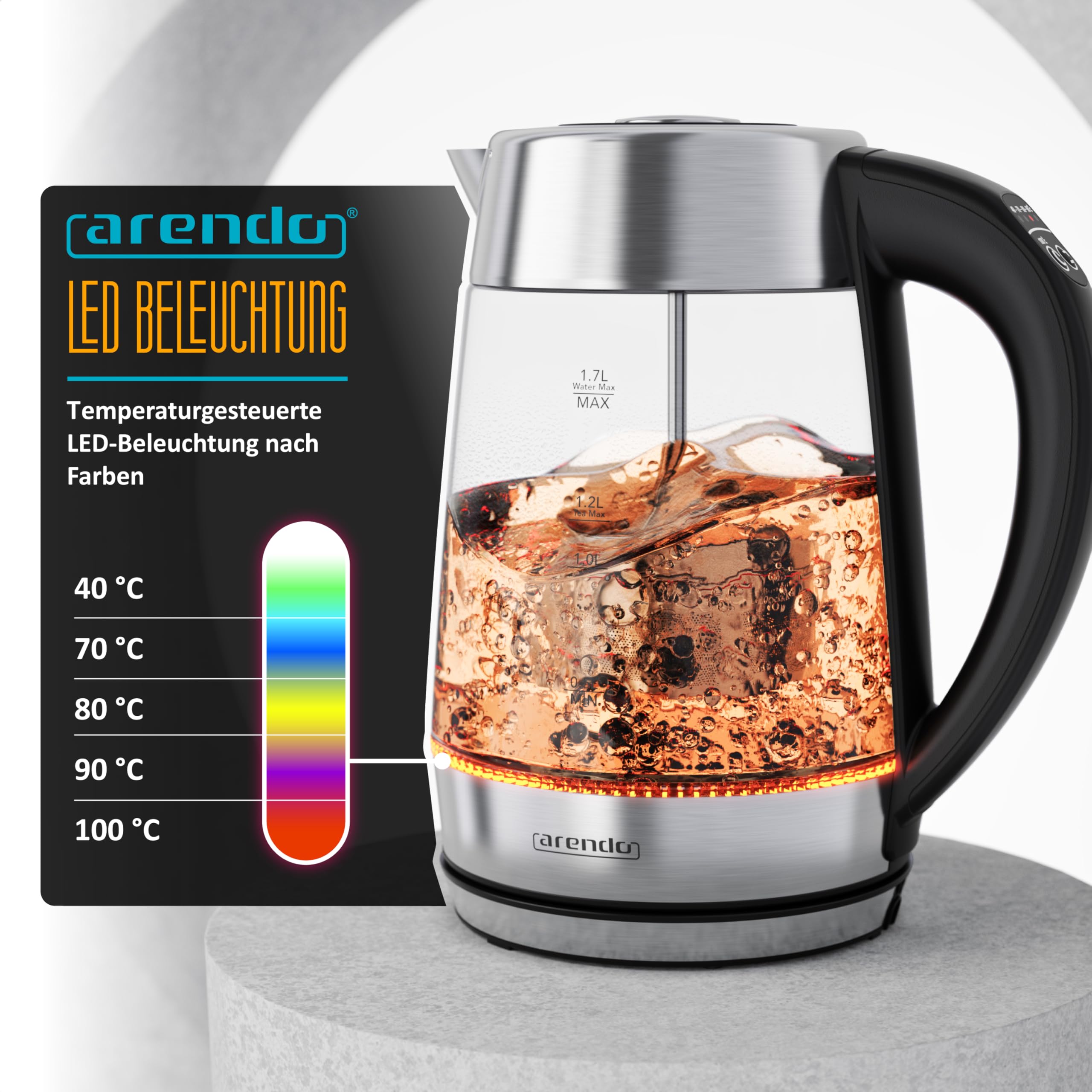 Arendo - 2in1 Glas Wasserkocher und Teekocher mit Temperatureinstellung – 1,7 Liter – Teesieb – Glas und Edelstahl – 5 Temperaturen – temperaturabhängige LED-Darstellung – Warmhalten bis zu 2 Stunden
