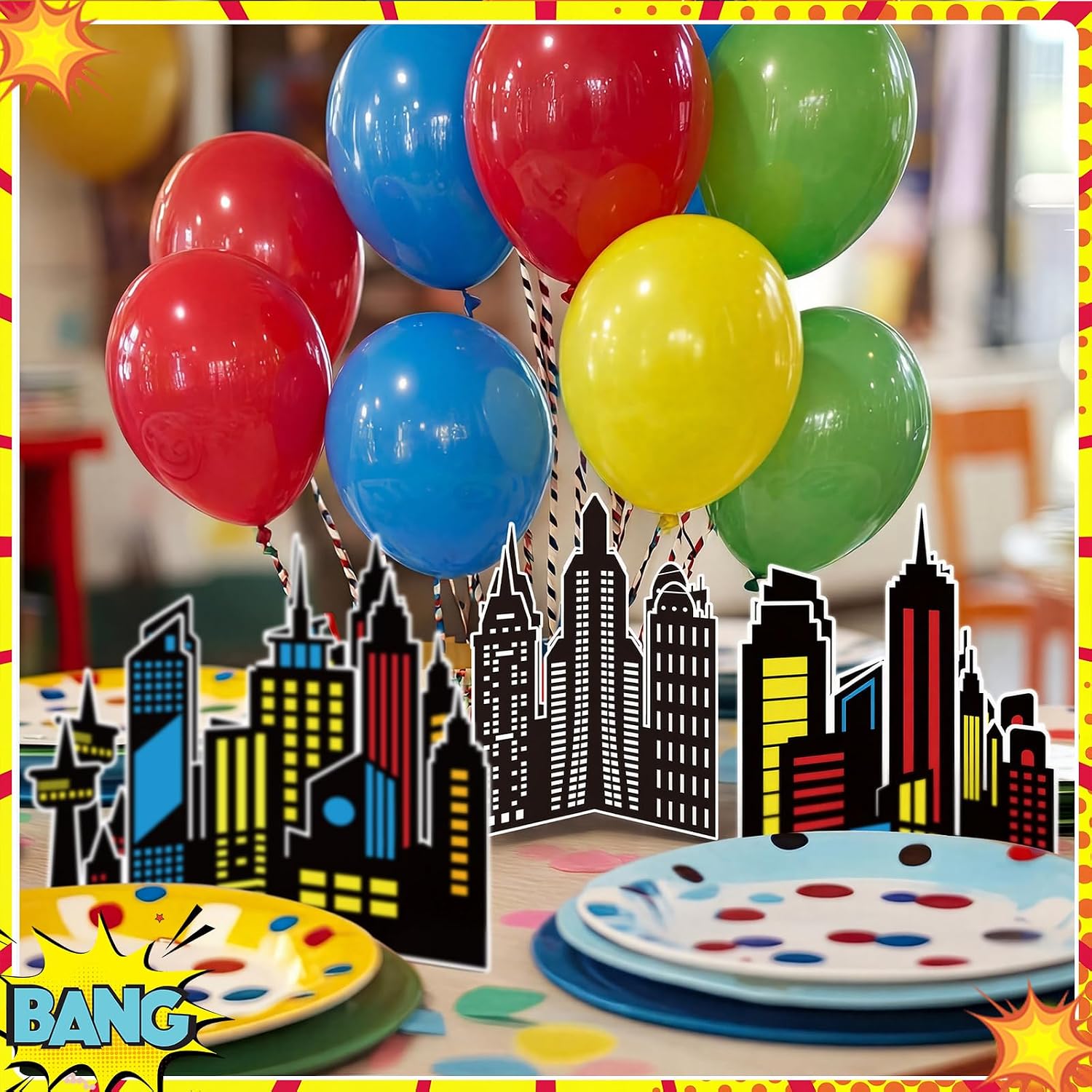 20Pcs/10Set Hero Theme Birthday Party Decorations 3D Skyscraper Table Sign New York Topper Standing Centerpieces for Boys Kids Comic Birthday Favors Supplies
