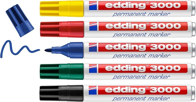 edding 3000 permanent marker - red, blue, green, yellow, black - set of 5 basic colours - round nib - quick-drying permanent marker - waterproof - for cardboard, plastic, wood, metal, glass