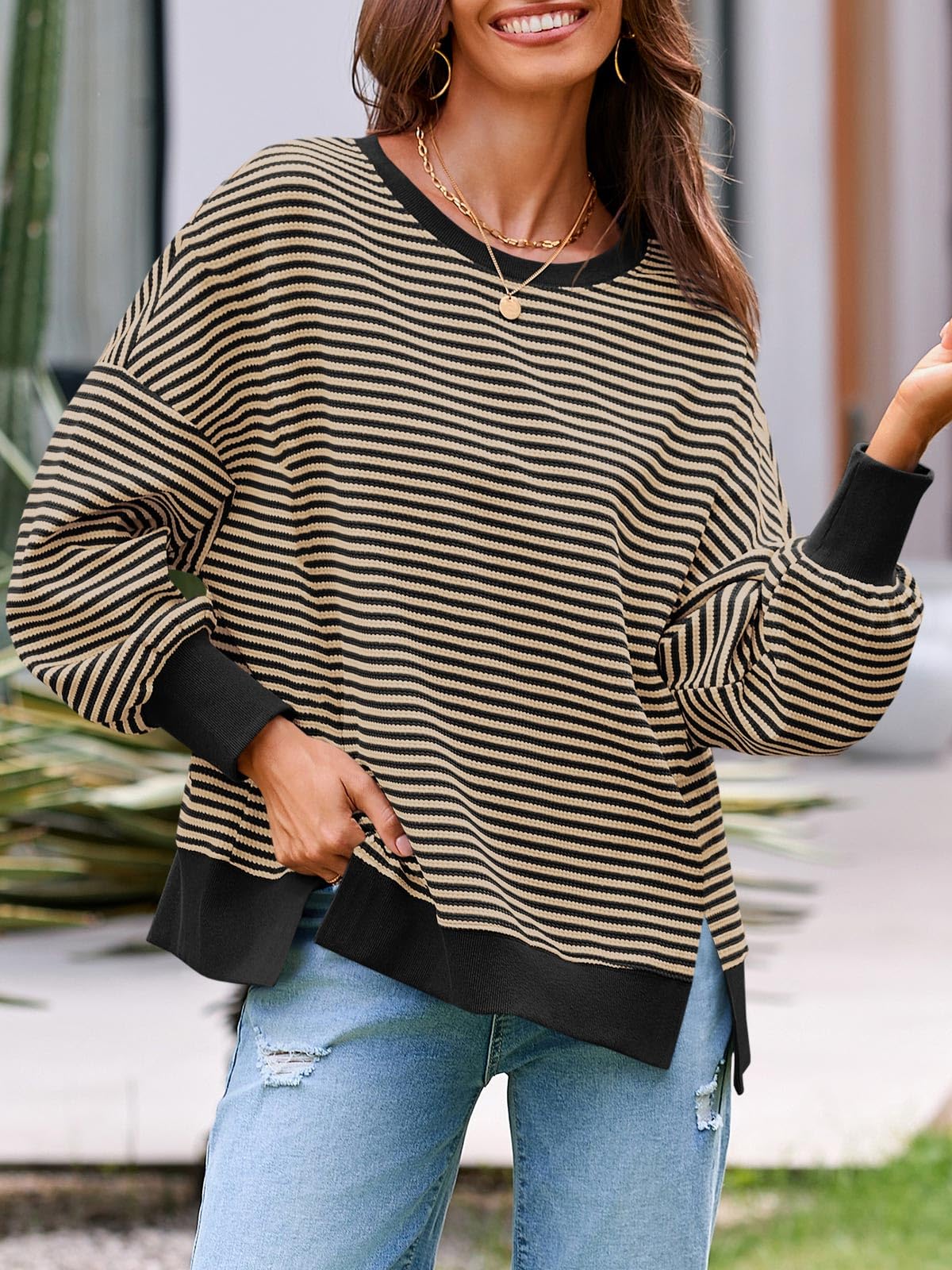 Sudadera de otoño de gran tamaño para mujer, informal, de punto gofre, manga larga, cuello redondo, dividida, túnica — view 5