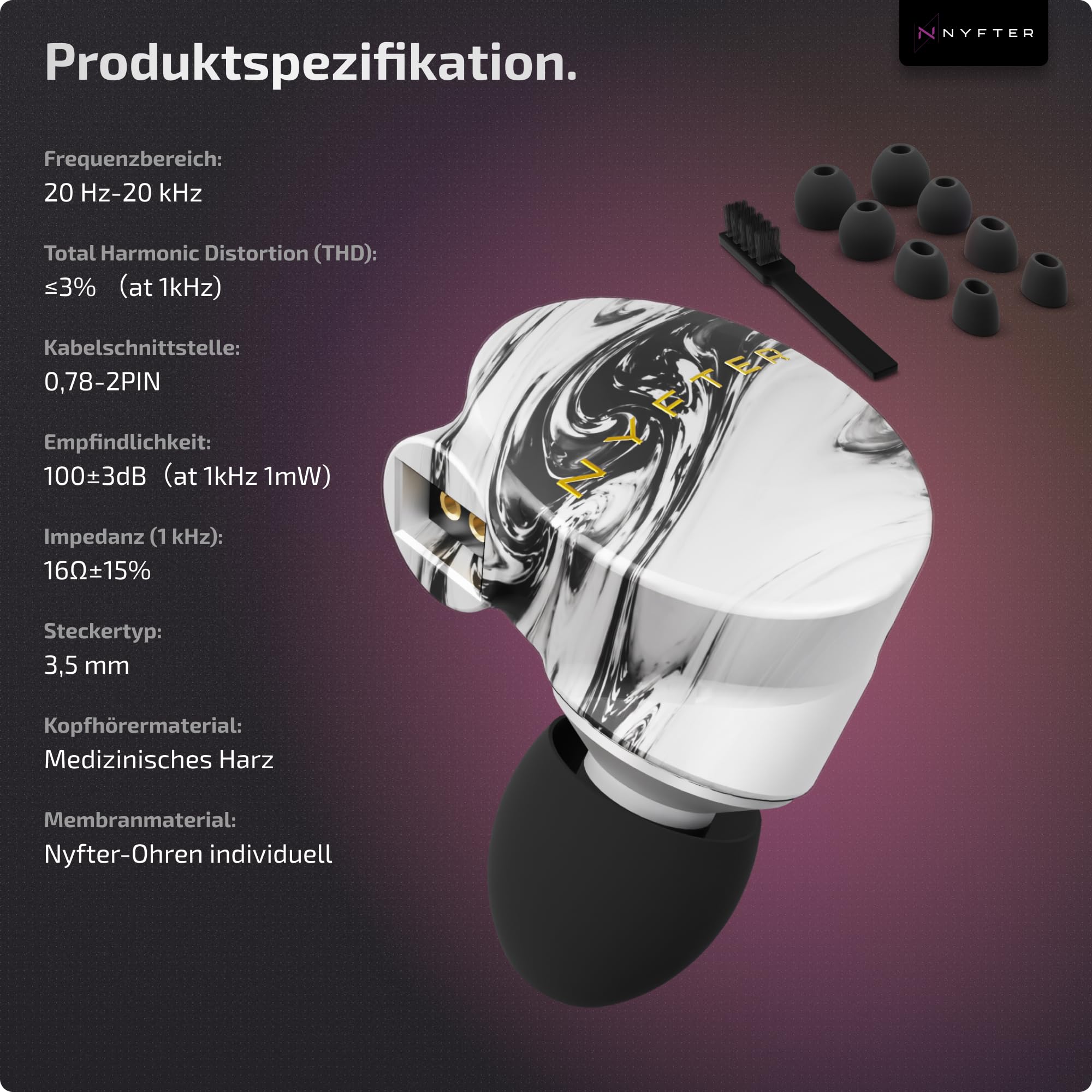 Nyfter - Mizu White Gaming IEM Hybride In-Ear-Monitore, HiFi Kopfhörer mit handgefertigter Harzschale mit einzigartigem Design - 2m Kabel - Soundprofil für Gaming & E-Sport (Extra Thick Cable)