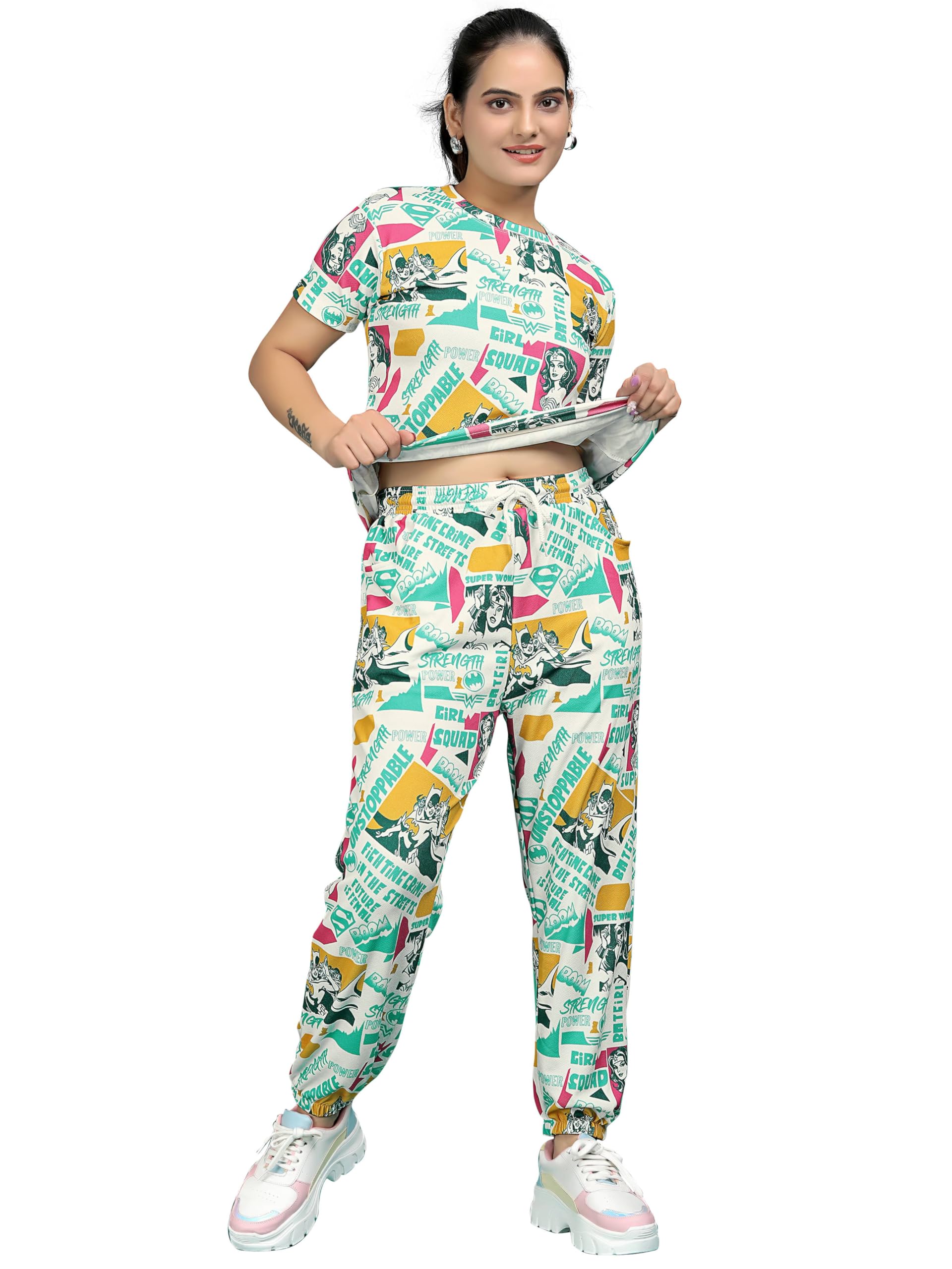 Women's Printed Polyester Lycra NightSuit Set, Lightweight Stretchable Night Suit and Gym Outfit with Side Pockets-image-27