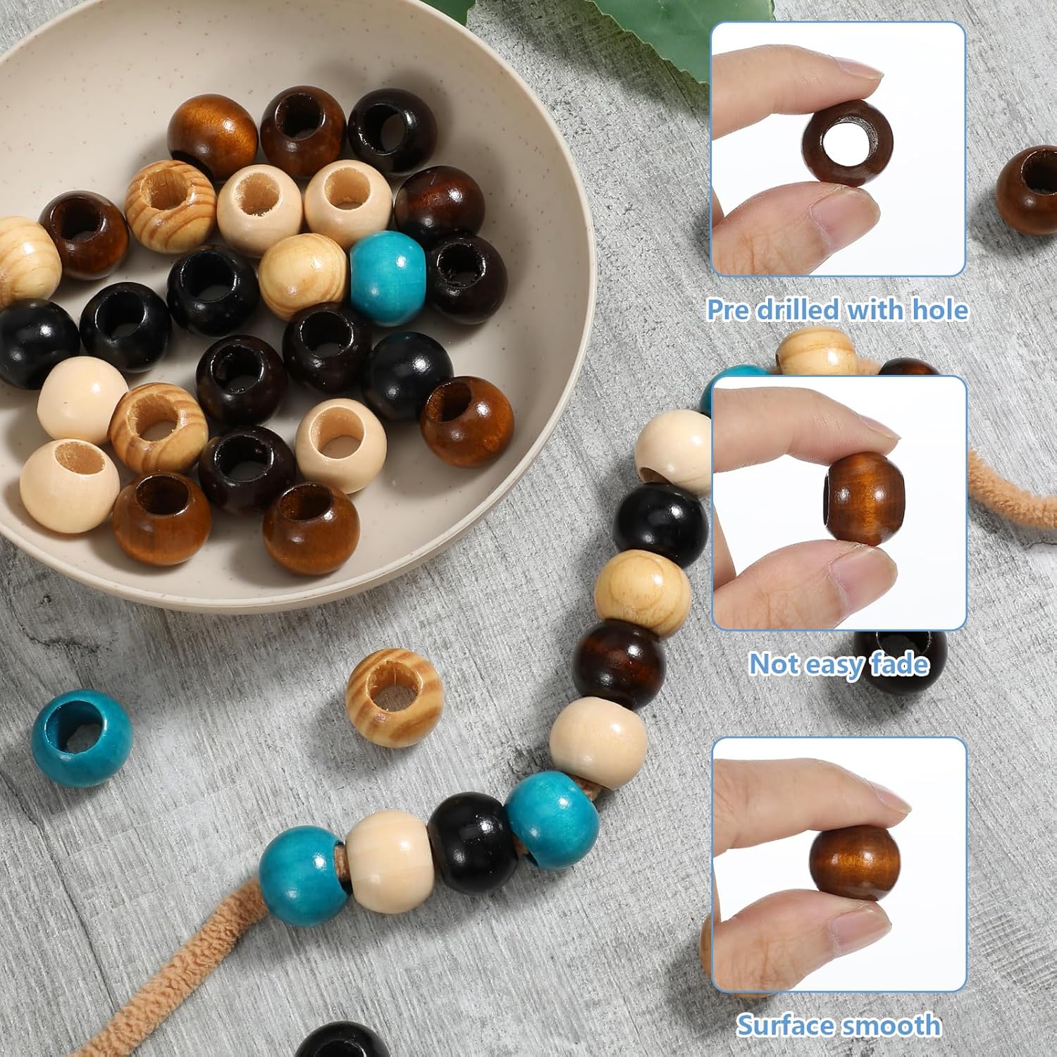 60 Pack Wooden Beads for Crafts, Large Hole Wooden Spacer Beads 20mm Decorative Hair Bead for Braid Vintage Round Bead for DIY Craft Handmade - Image 3