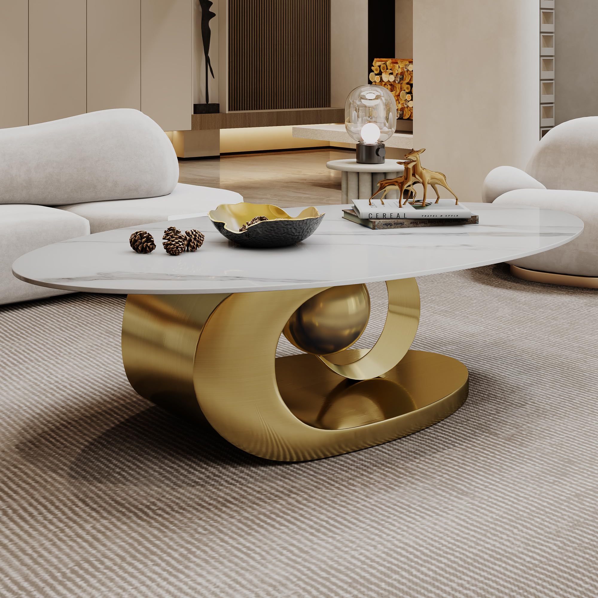 Modern Oval Stone Coffee Table with Gold Metal Base - Scratch-Resistant Rock Slab Top, Aviation-Grade Design - Stylish & Durable Centerpiece for