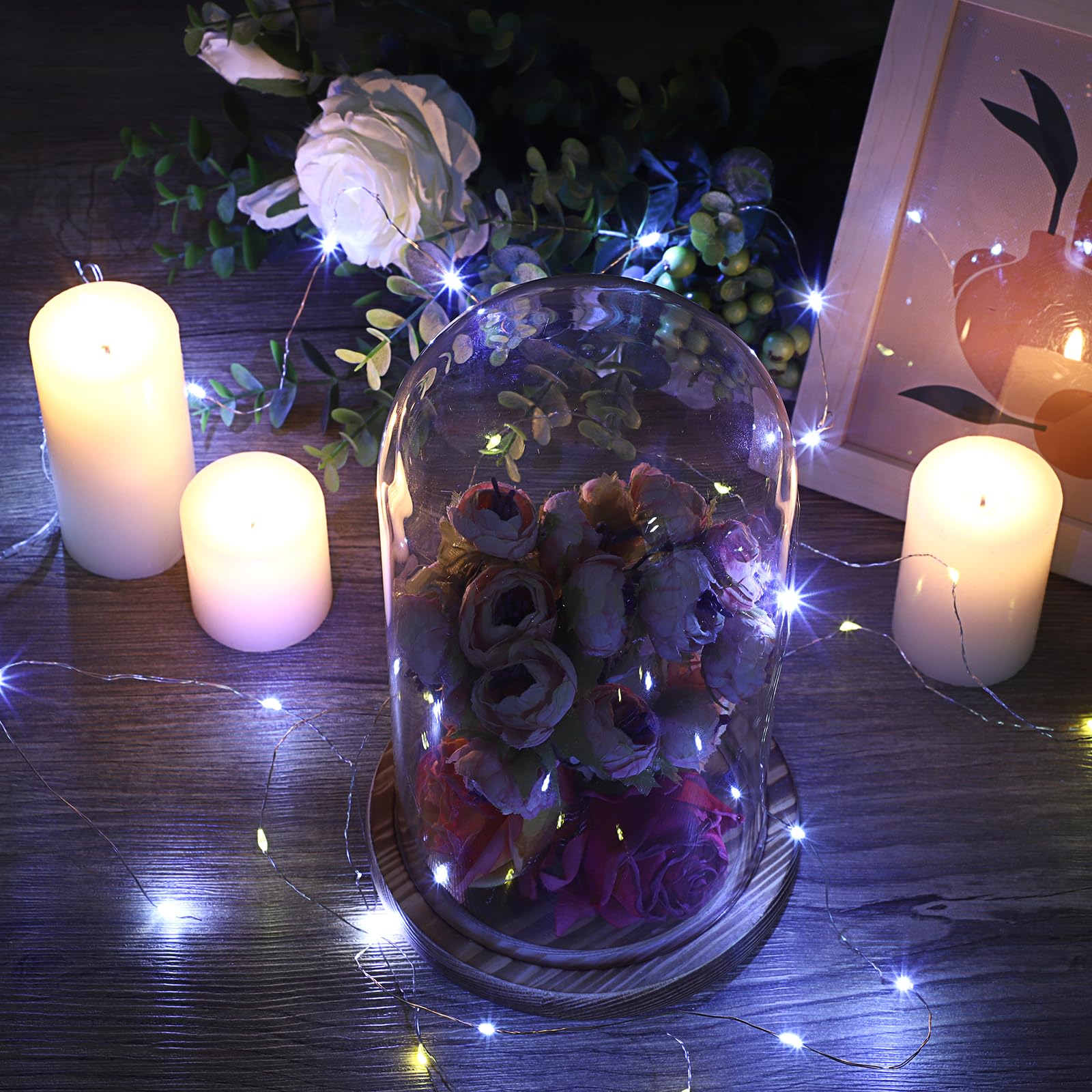 Lot de 2 dômes en verre socle bois naturel - Cloche décorative robuste - Pour lampes, bougies, roses, décorations Noël, anniversaires, Saint-Valentin