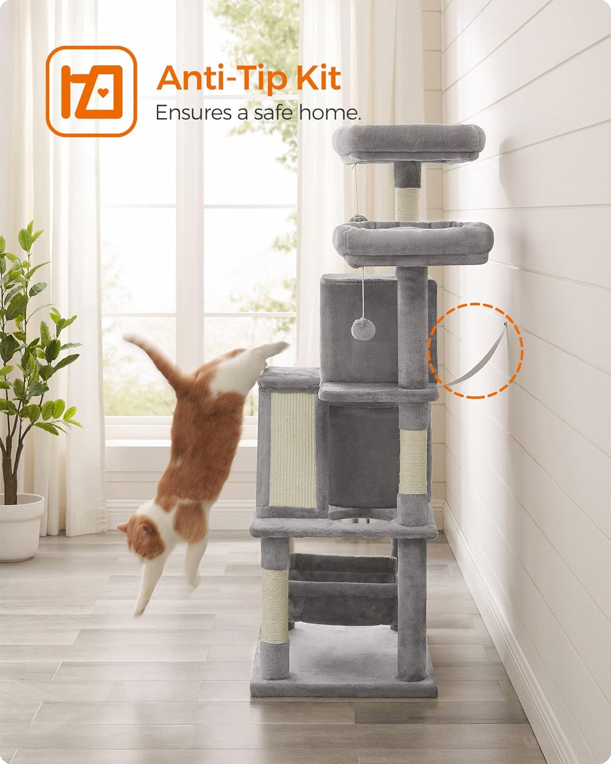 FEANDREA Cat Tree, Cat Condo with 2 Cat Caves, 155 cm, Light Grey PCT163W01 9 8111rAFqCgL. AC SL1500