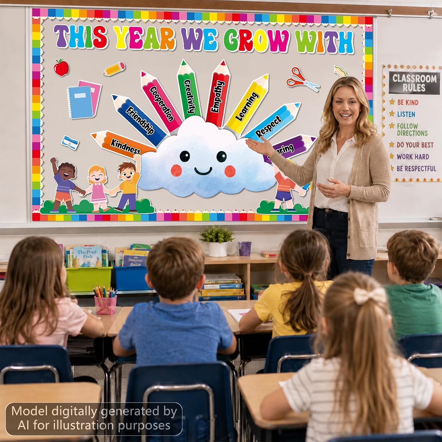 This Year We'll Grow with Bulletin Board Set Inspirational Growth Mindset Positive Classroom Decoration Colorful Pencil Paper Cutouts for Back to School Classroom Chalkboard Wall Decor image 5