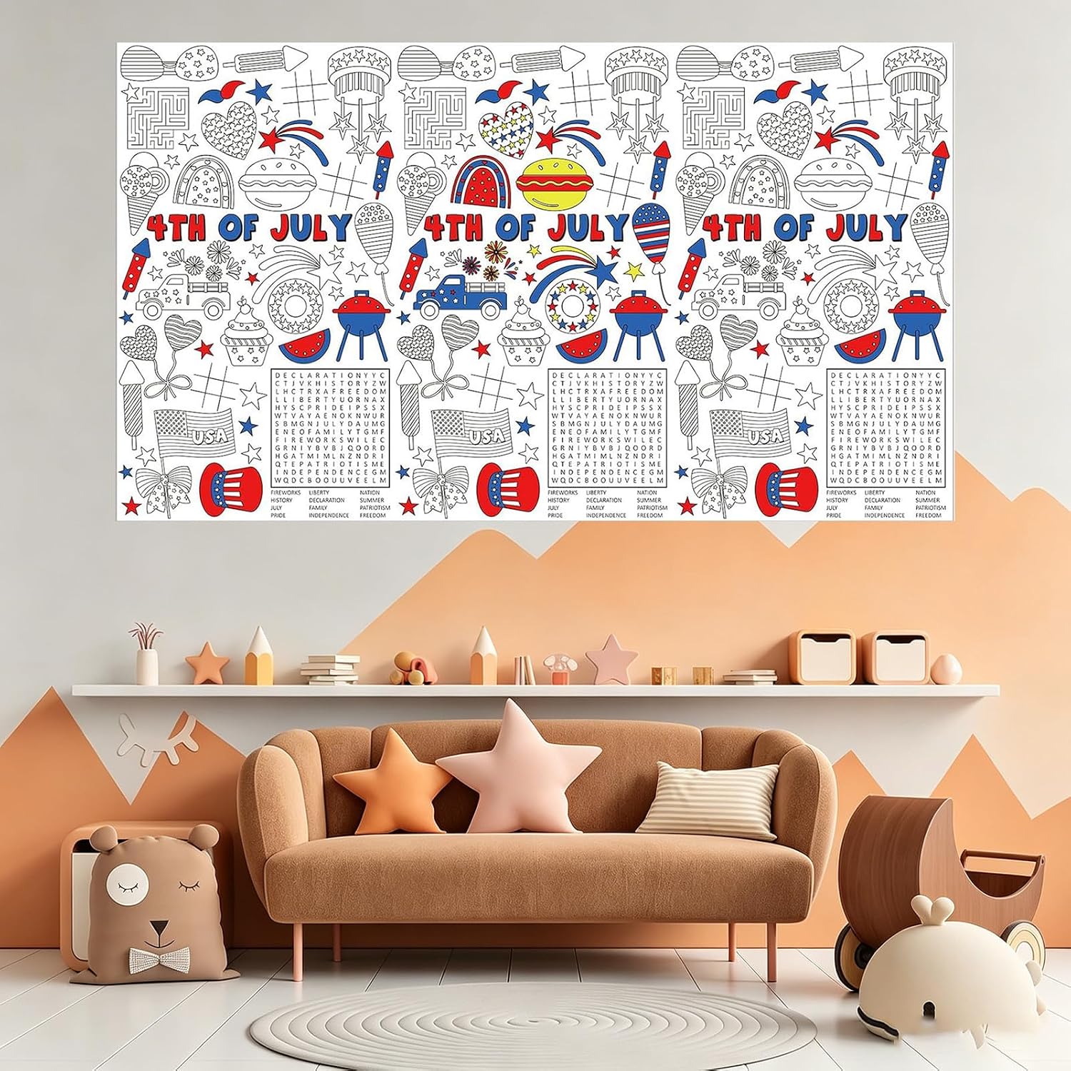 4th of July Giant Coloring Poster, 250th Anniversary Themed Coloring Tablecloth USA Flag & Food Large Poster for Classroom or School Party Activities Decorations Cover 47x71 Inch image 4