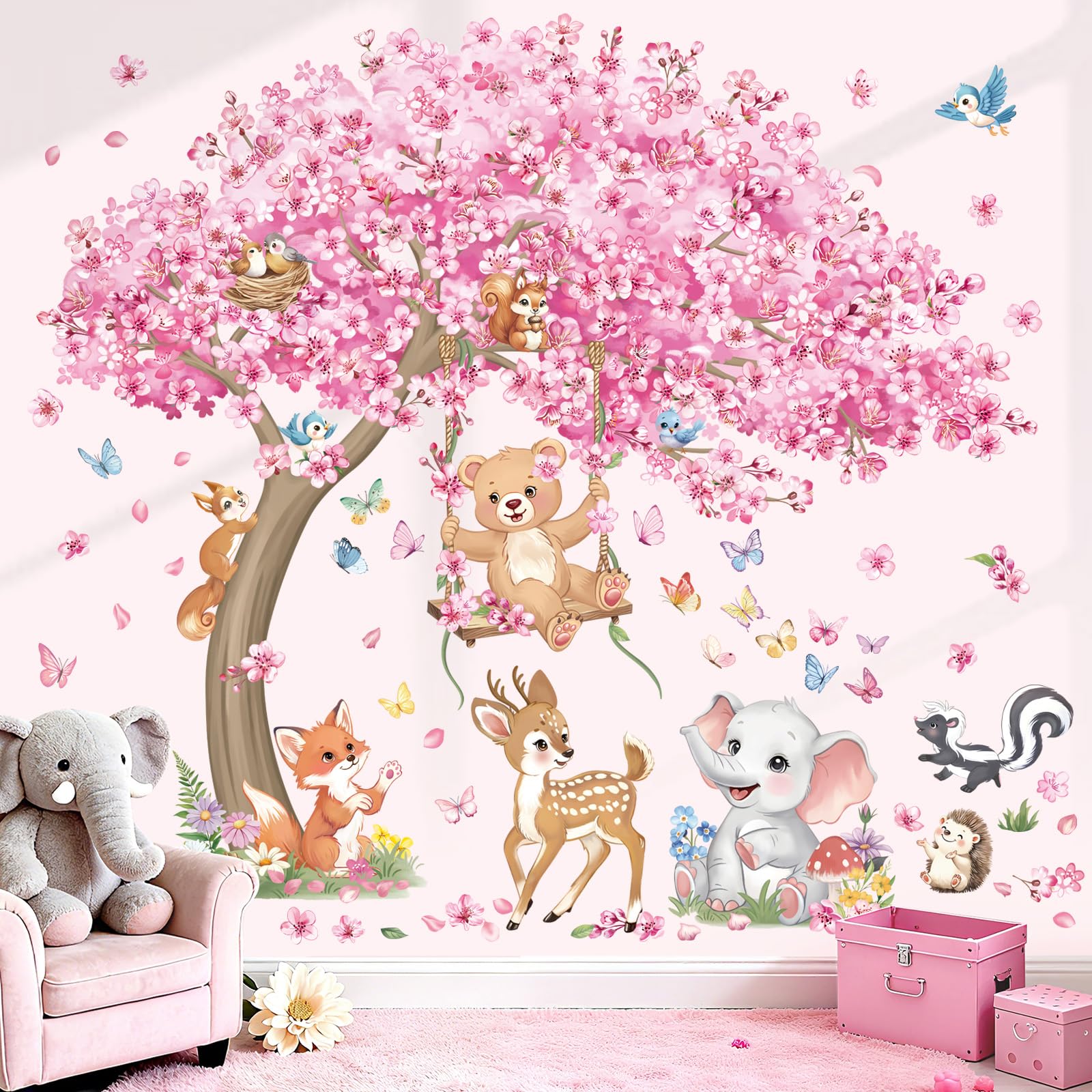 decalmile Stickers Muraux Animaux Bois Arbre Fleur de Cerisier Grand Autocollant Mural Animaux Forêt Cerf Renard Fleurs Rose Décoration Murale Bébé Fille Chambre Enfants Pépinière