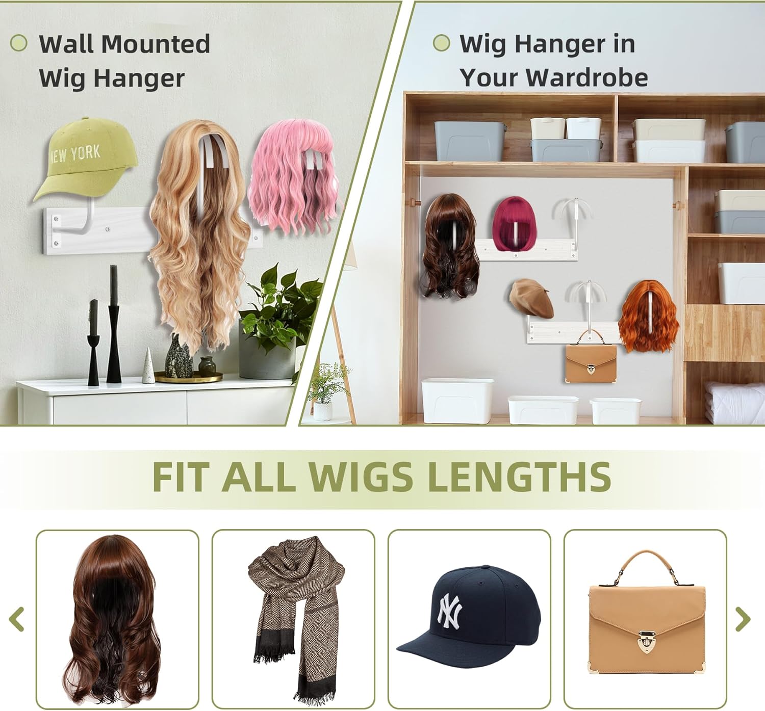 Wig Holder for Multiple Wigs, Hanging Storage Organizer for wig, Wall Mounted Hanger Rack, 2 Packs Stand for Drying, Styling, Display, Wig Keeper/Storage Solution-Preserving Wig Shape