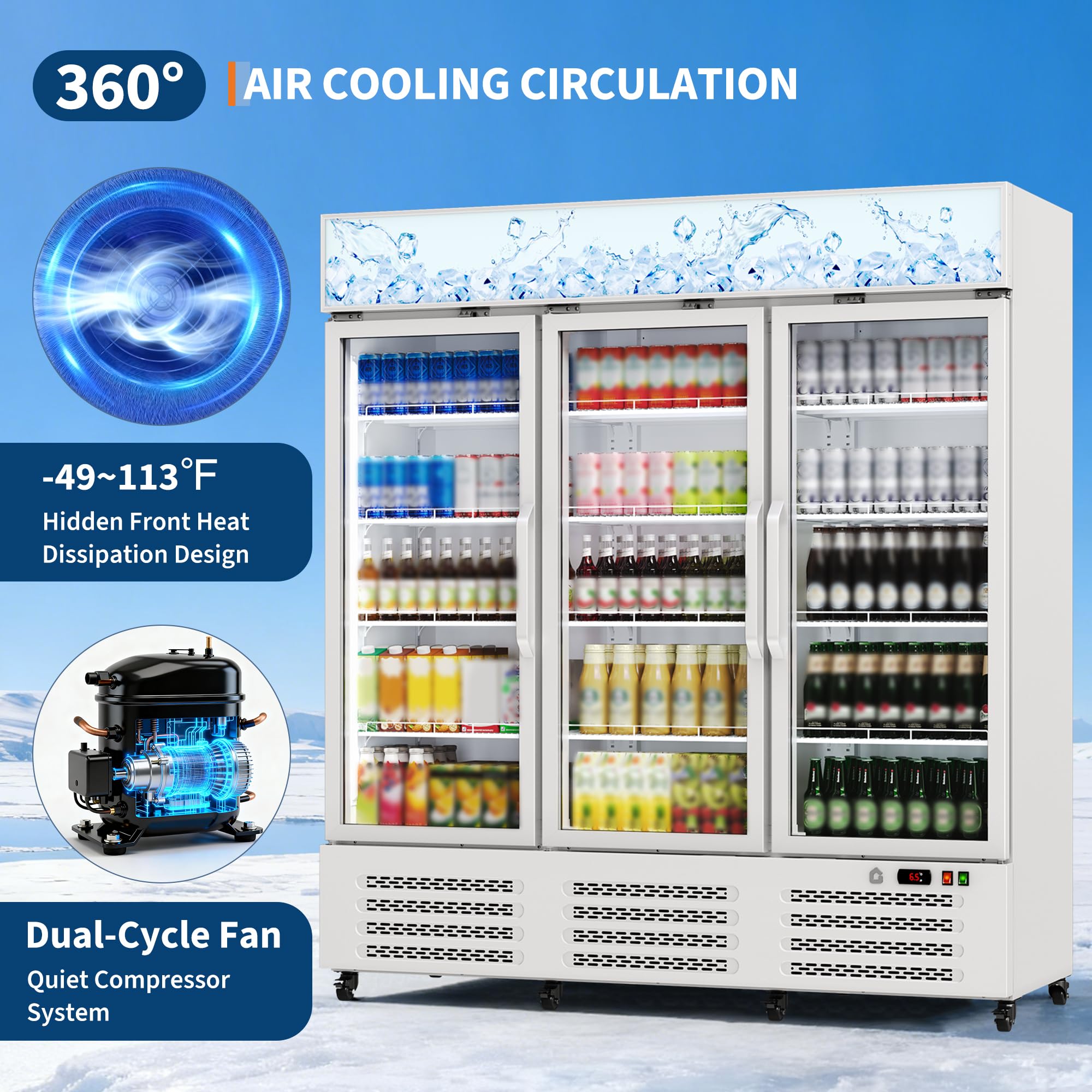 290 Gallon Three-Door Display Beverage Refrigerator With Lightbox, Metal Sheet Commercial Refrigerator With Adjustable Shelves, Locking Casters For Restaurants, Bars, And Retail Stores, White on Fridge.com - View 3