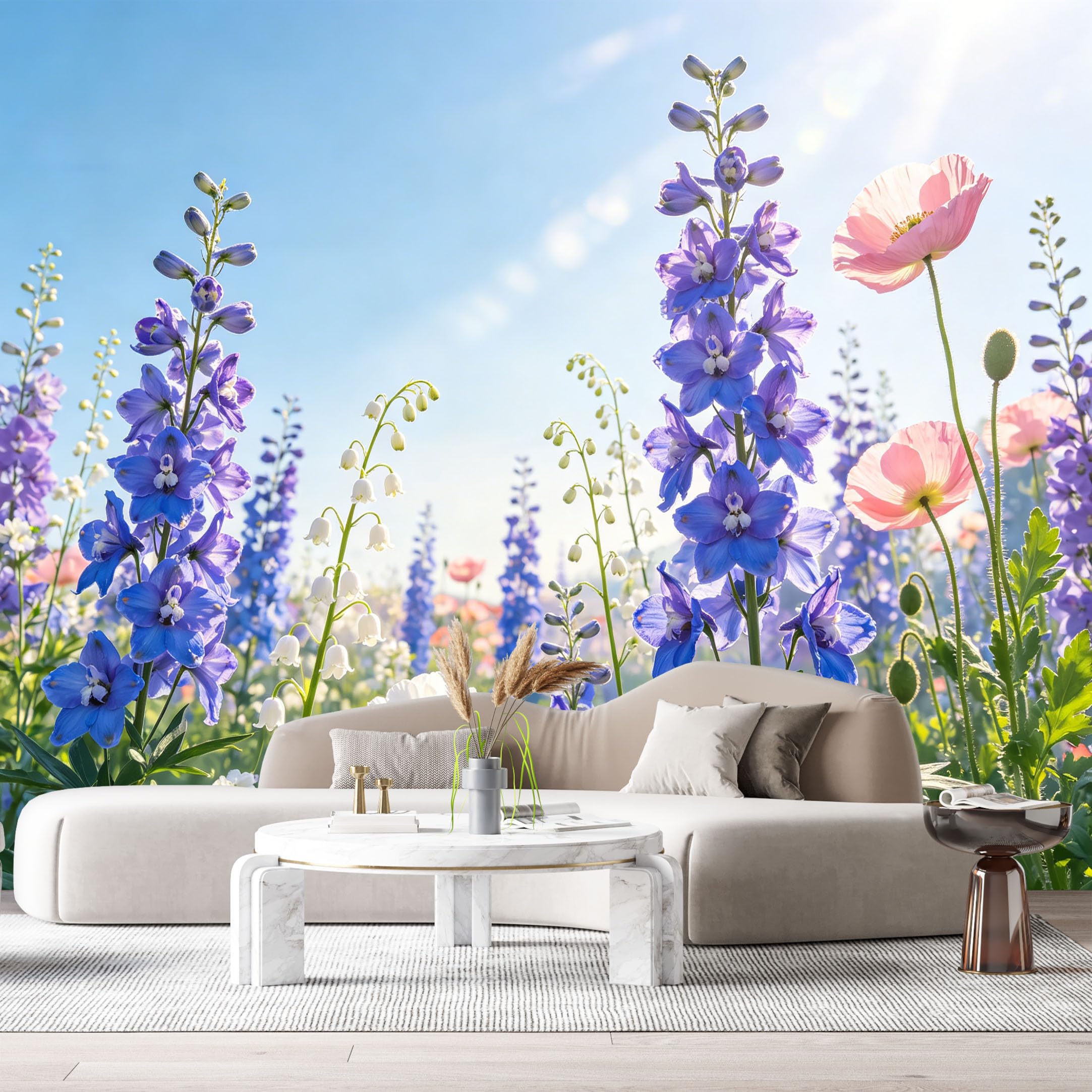 Custom Size Wall Murals Botanical Flower Field Watercolor Blue Delphinium Lily Poppy Bloom SelfAdhesive Wall Fabric Removable Large Wallpaper for Photo Living Room