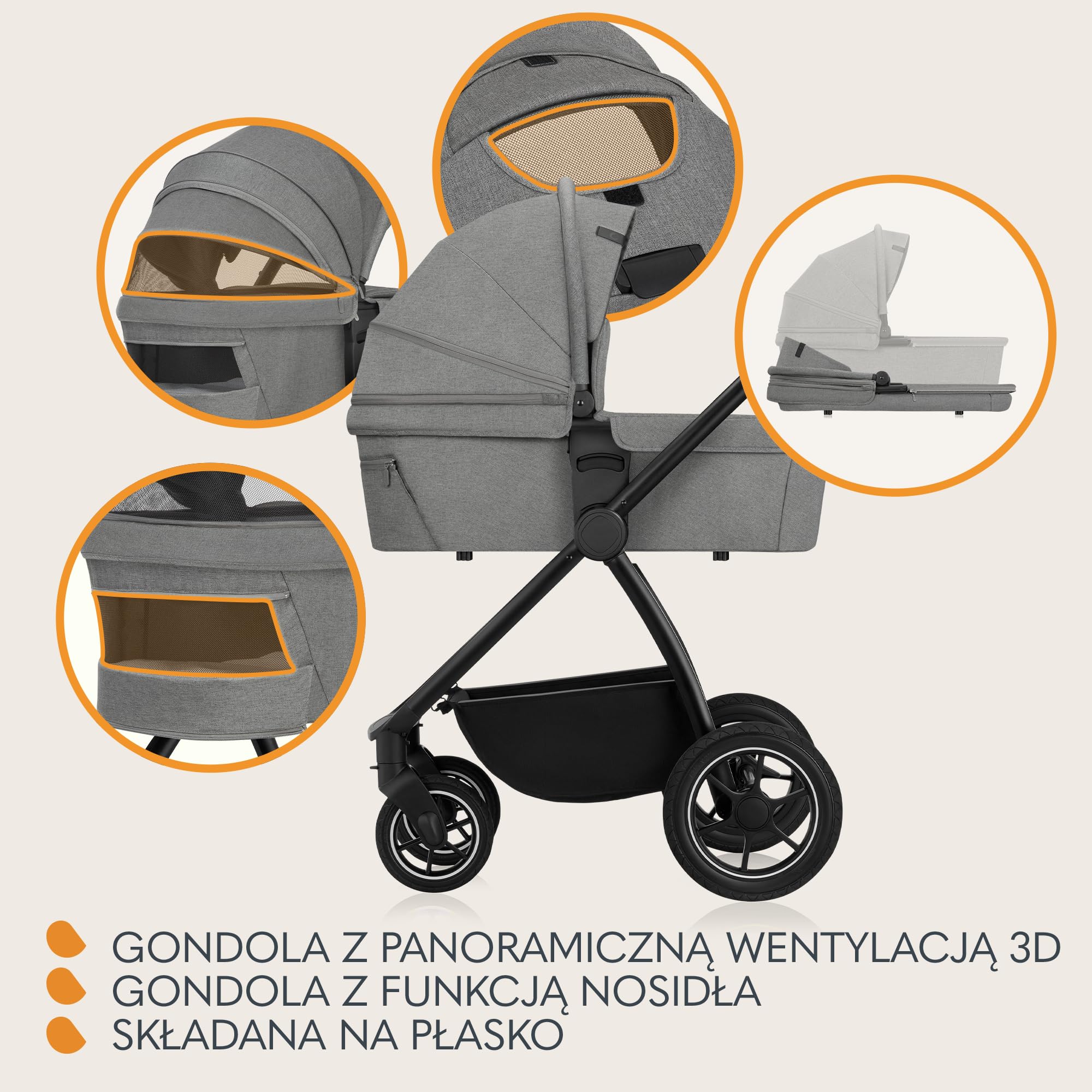 LIONELO MERIL 2 in 1 Wózek Spacerowy Dziecięcy 0-48 Miesięcy Do 22 Kg, Gondola XXL Do 9 Kg, Duże Koła Terenowe 360°, Regulacja Oparcia do Pozycji Leżącej Pełna Amortyzacja Budka XXL (Szary)